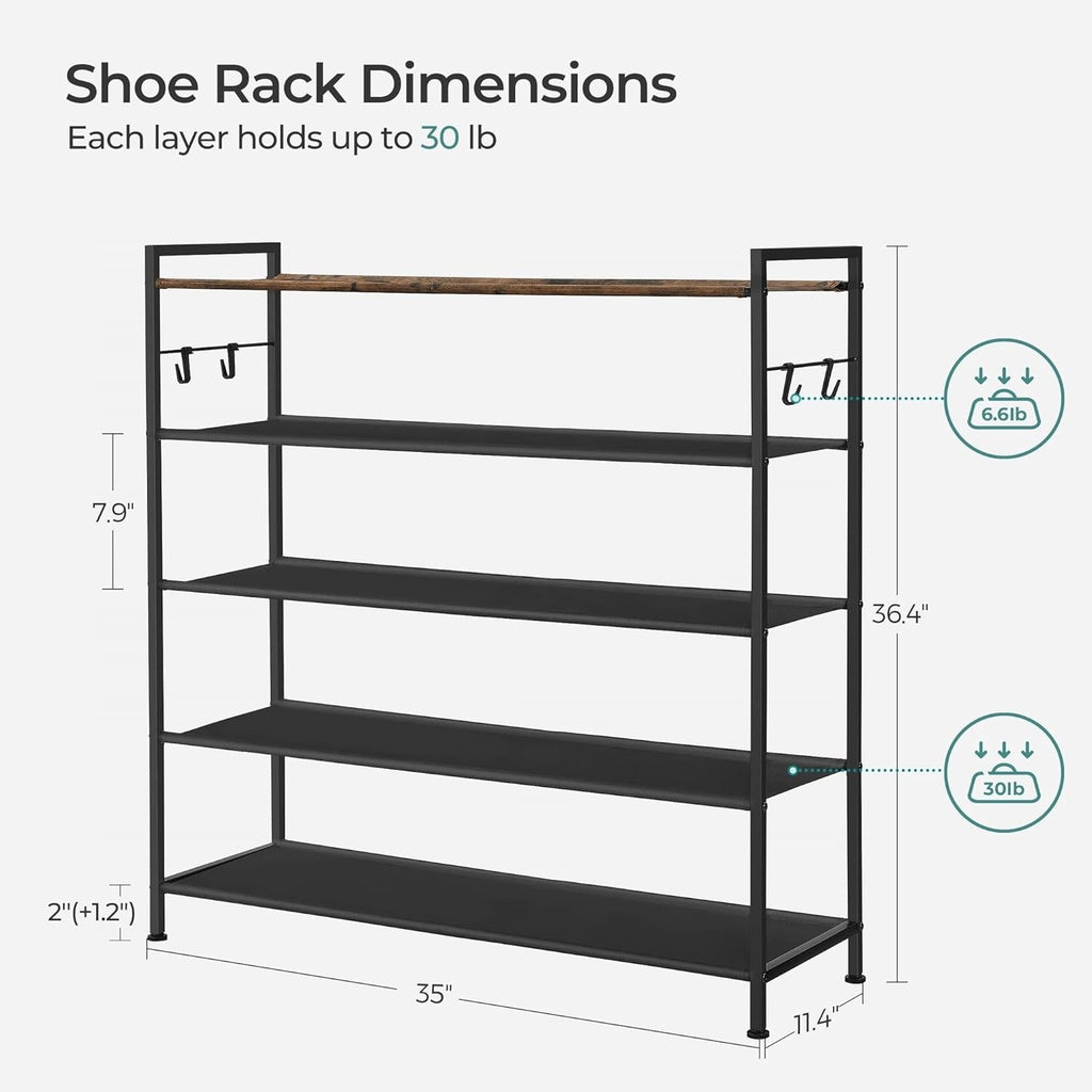 SONGMICS 5 Tier Shoe Rack Storage Organizer for 20-25 Pairs with 4 Hooks Rustic Brown SONGMICS