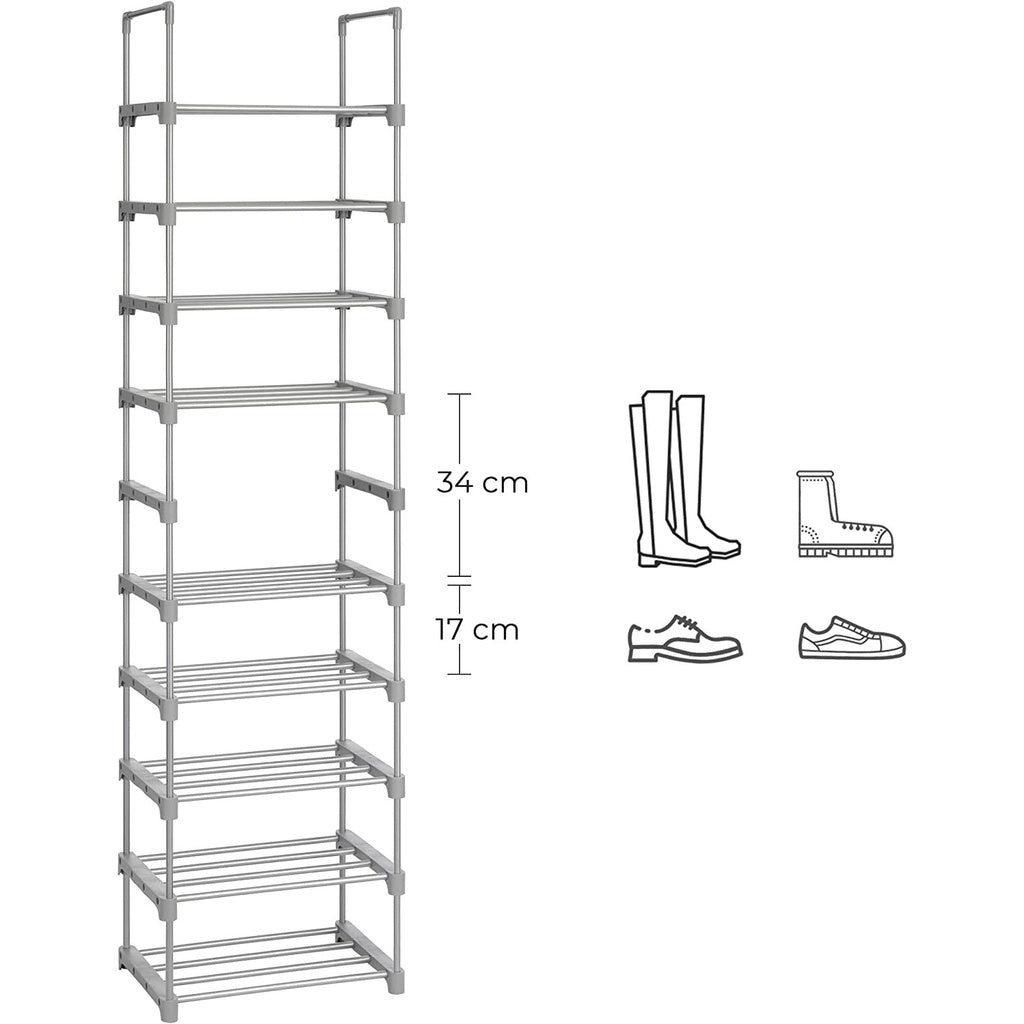 SONGMICS 10-Tier Metal Shoe Rack Customizable Design Grey SONGMICS