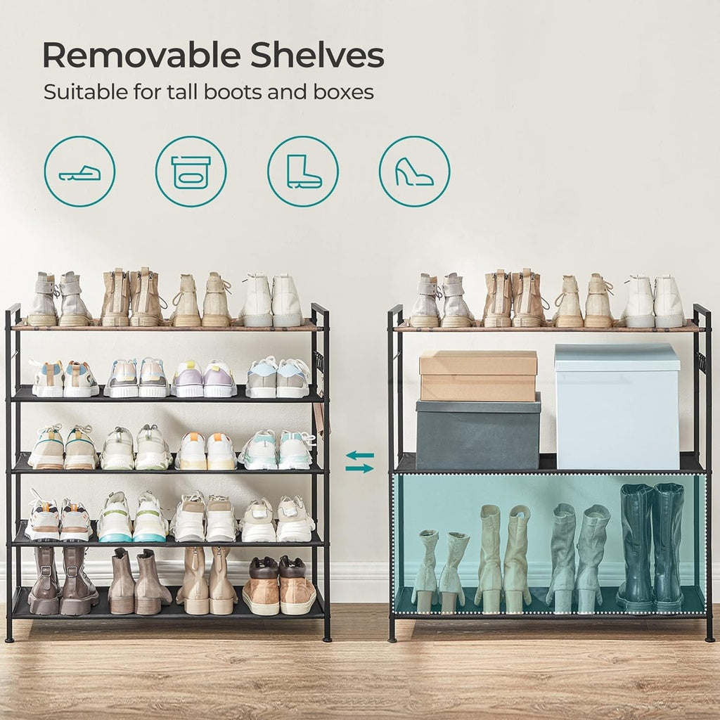 SONGMICS 5 Tier Shoe Rack Storage Organizer for 20-25 Pairs with 4 Hooks Rustic Brown SONGMICS