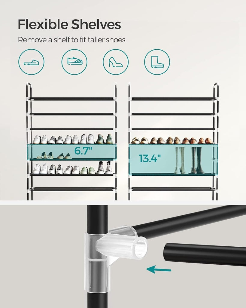 SONGMICS 10 Tier Metal Shoe Rack Non-Woven Fabric Shelves Holds up to 50 Pairs Black SONGMICS