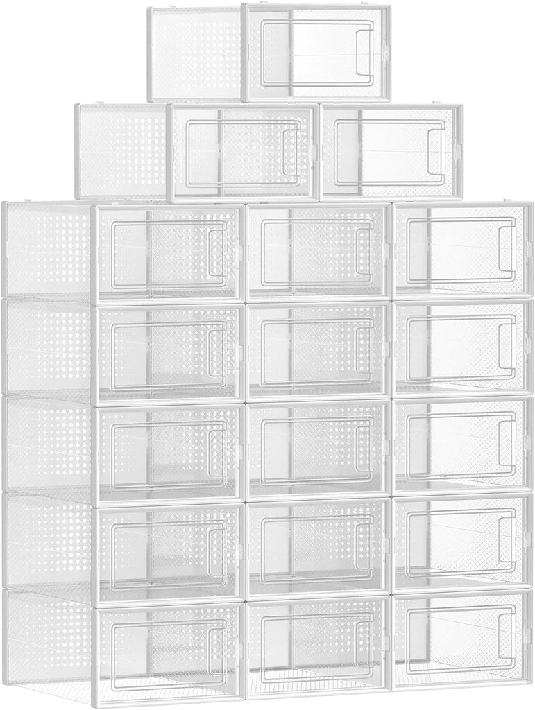 SONGMICS Pack of 18 Foldable and Stackable Shoe Boxes Fit up to AU Size 11 Transparent and White SONGMICS