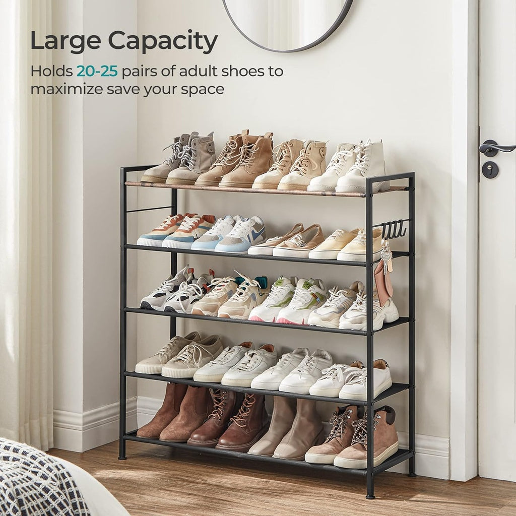 SONGMICS 5 Tier Shoe Rack Storage Organizer for 20-25 Pairs with 4 Hooks Rustic Brown SONGMICS