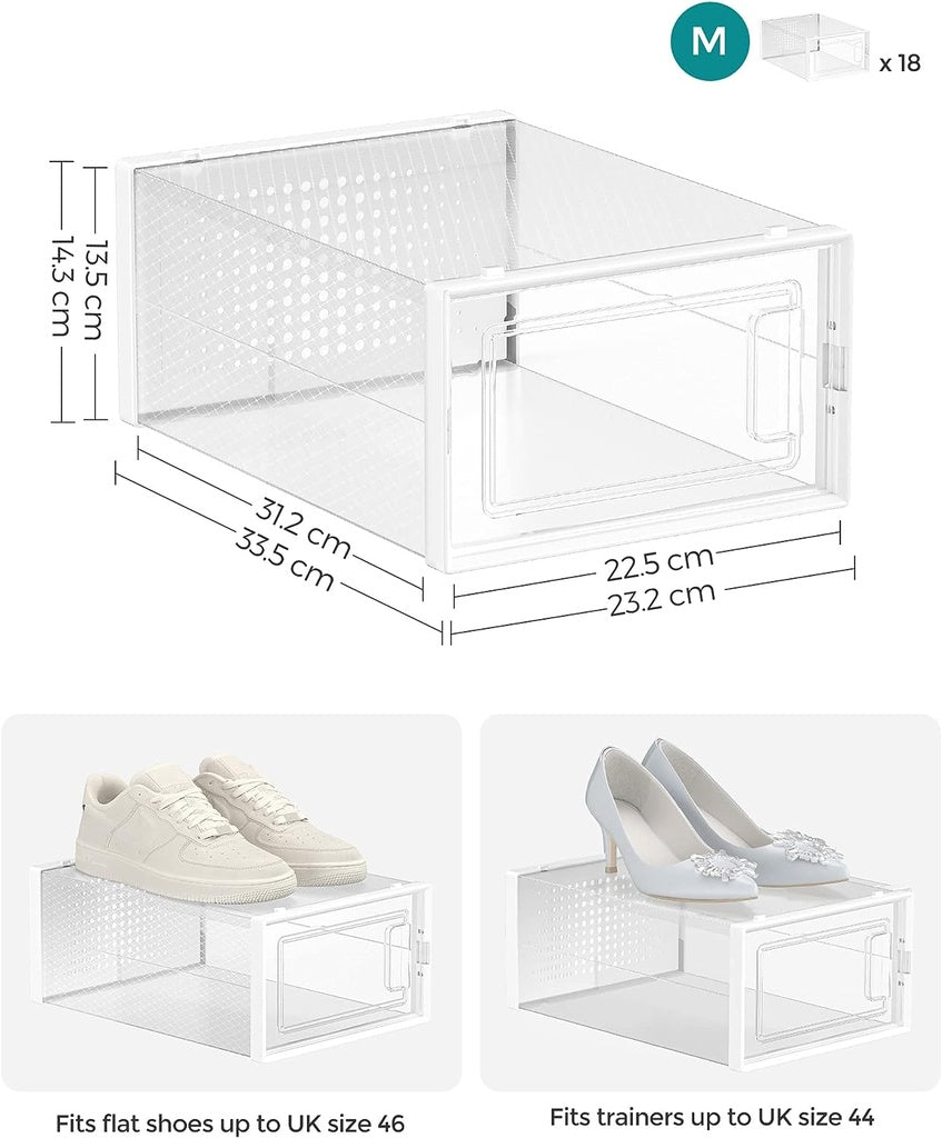 SONGMICS Pack of 18 Foldable and Stackable Shoe Boxes Fit up to AU Size 11 Transparent and White SONGMICS