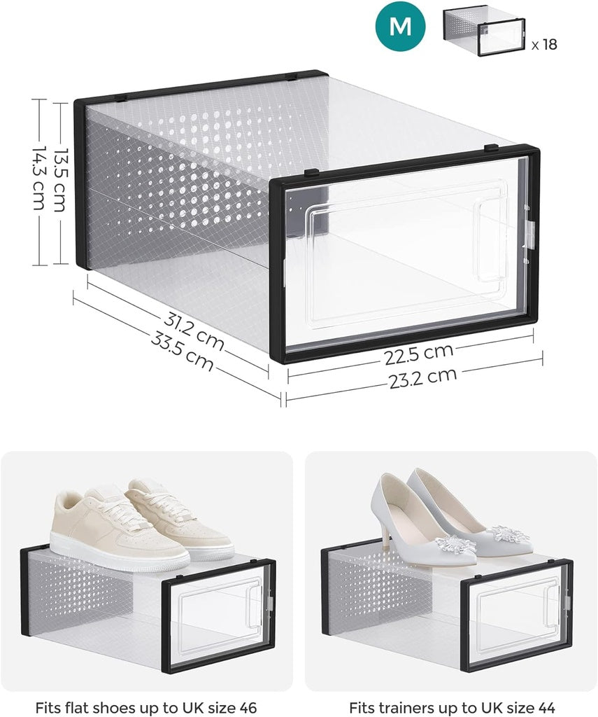 SONGMICS Pack of 18 Foldable and Stackable Shoe Boxes Fit up to AU Size 11 Transparent and Black SONGMICS