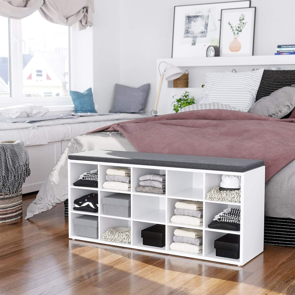 VASAGLE Storage Shoe Bench 15 Compartments with Cushion White and Grey VASAGLE