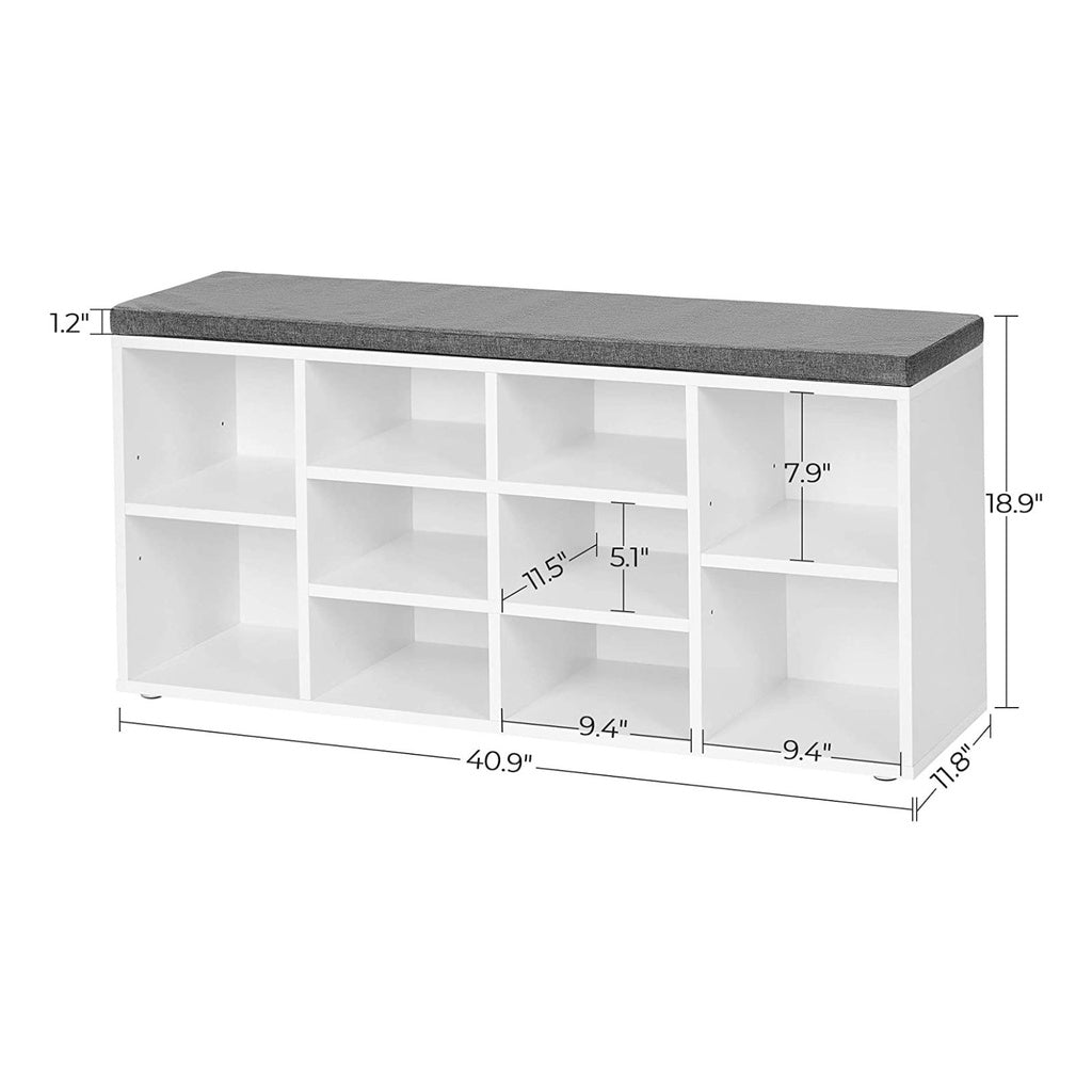 VASAGLE Storage Shoe Bench 10 Compartments with Cushion White and Gray LHS010W01 VASAGLE