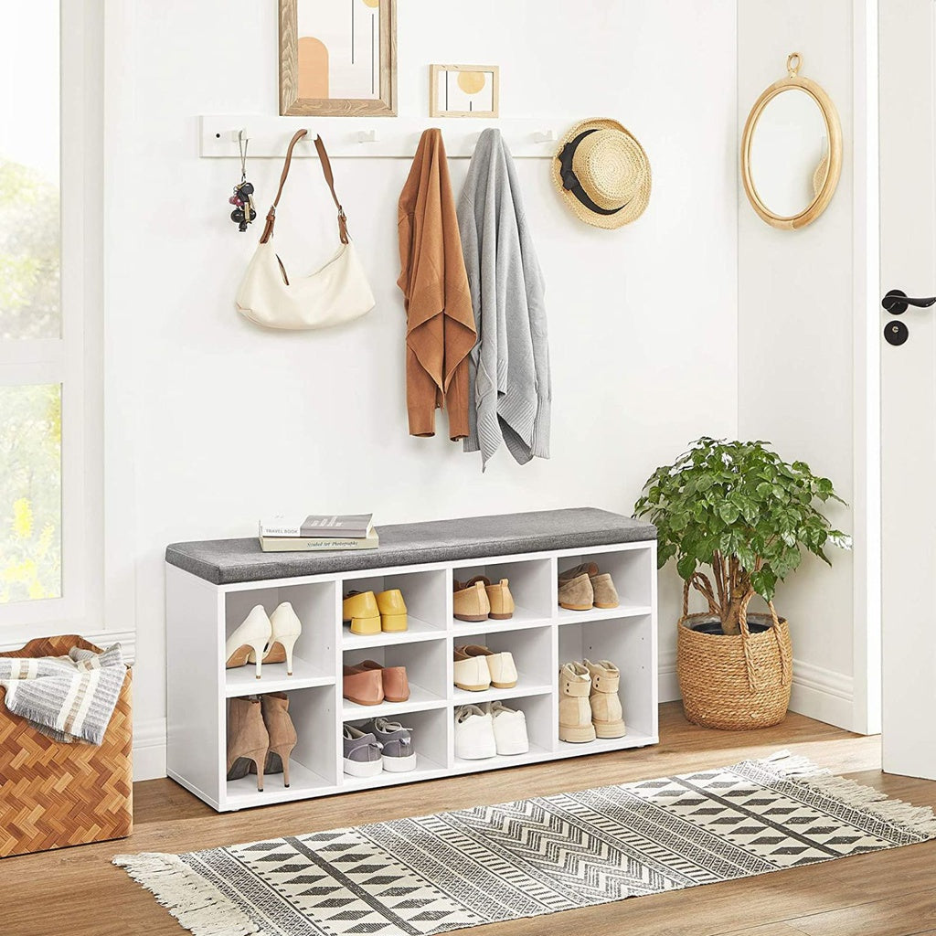 VASAGLE Storage Shoe Bench 10 Compartments with Cushion White and Gray LHS010W01 VASAGLE
