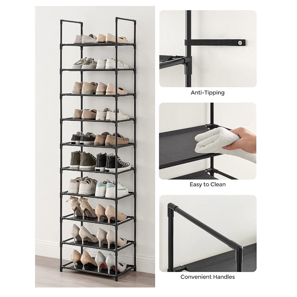 SONGMICS 10 Tier Metal Shoe Rack Non-Woven Fabric Shelves Black LSH010B02 SONGMICS