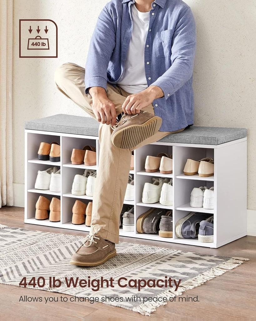 VASAGLE Storage Shoe Bench 15 Compartments with Cushion White and Grey VASAGLE