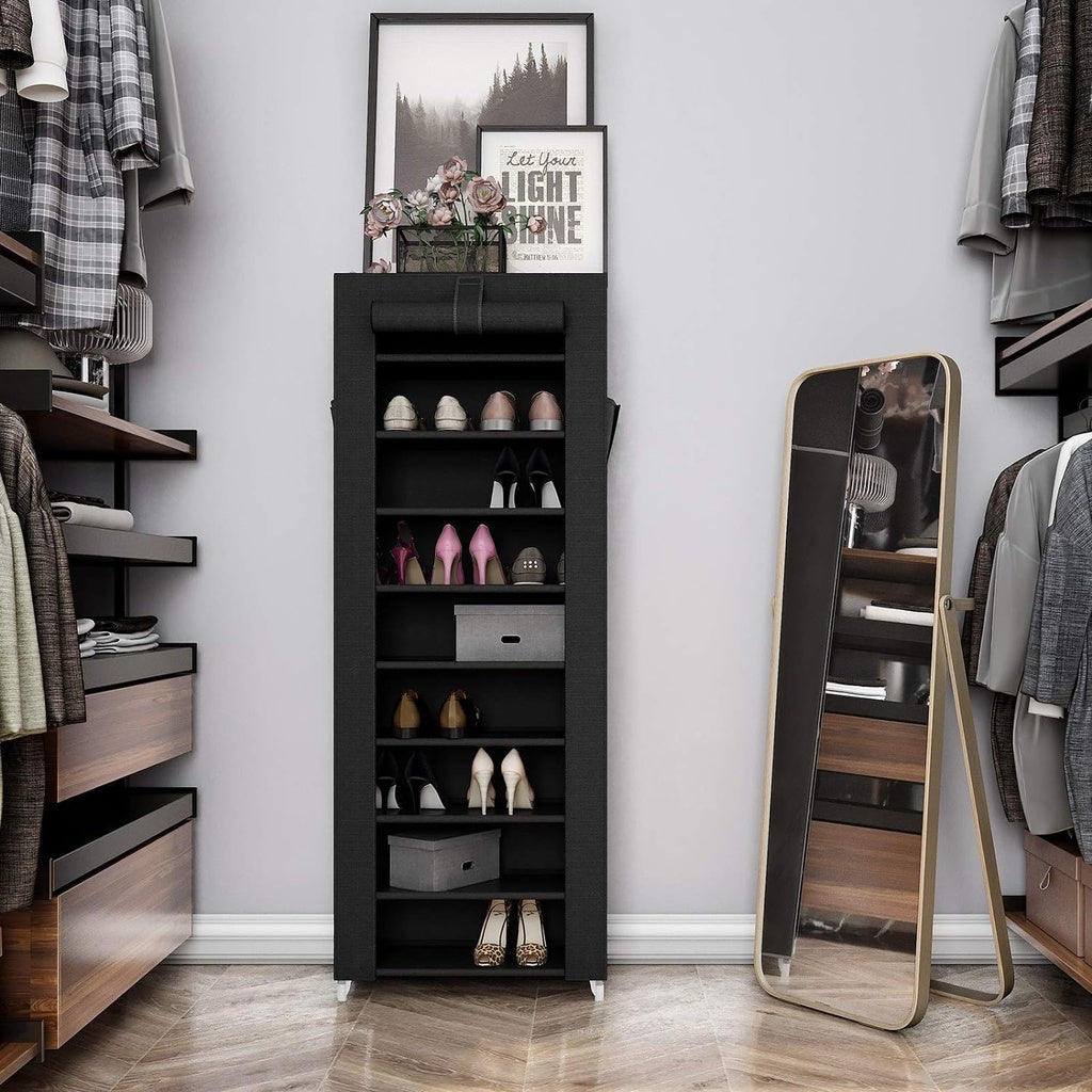 SONGMICS 9 Tier Shoe Rack for 27-35 Pairs of Shoes with Nonwoven Fabric Cover Black SONGMICS