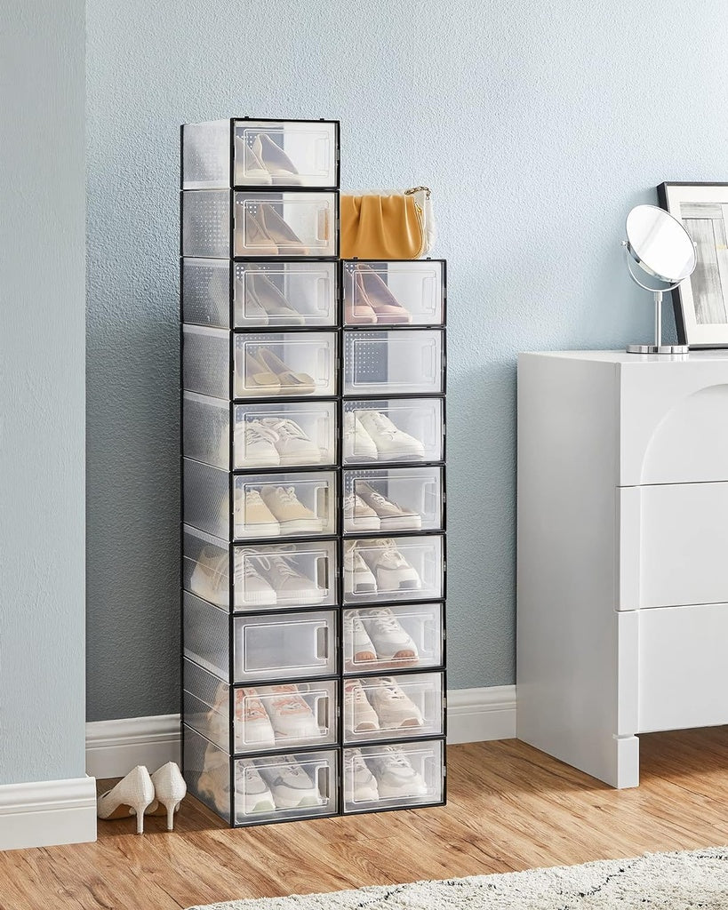 SONGMICS Pack of 18 Foldable and Stackable Shoe Boxes Fit up to AU Size 11 Transparent and Black SONGMICS