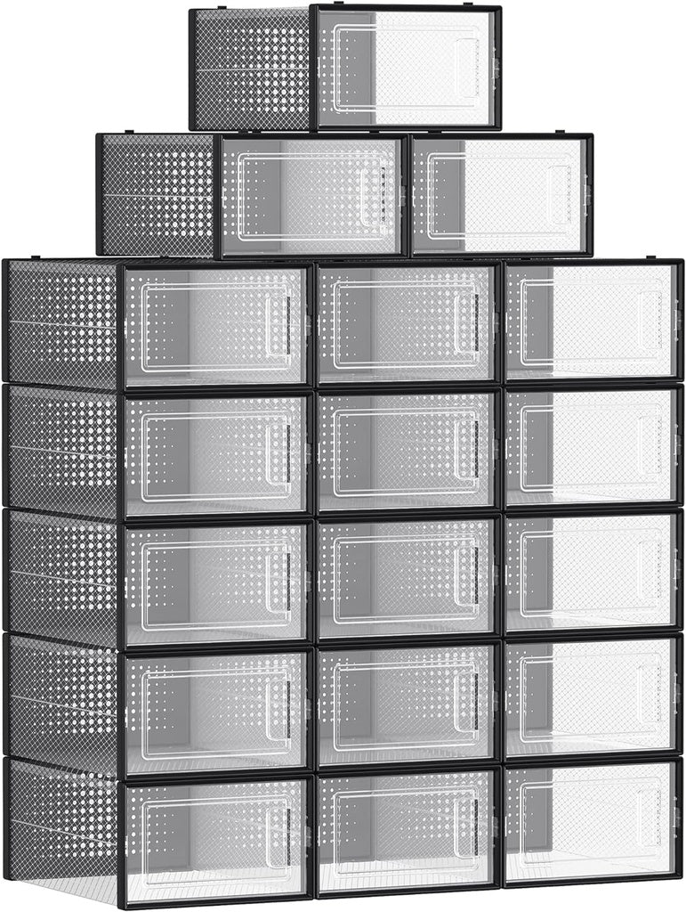 SONGMICS Pack of 18 Foldable and Stackable Shoe Boxes Fit up to AU Size 11 Transparent and Black SONGMICS