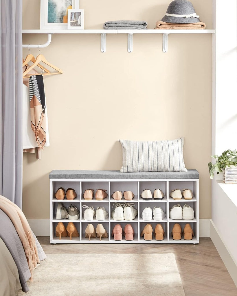 VASAGLE Storage Shoe Bench 15 Compartments with Cushion White and Grey VASAGLE