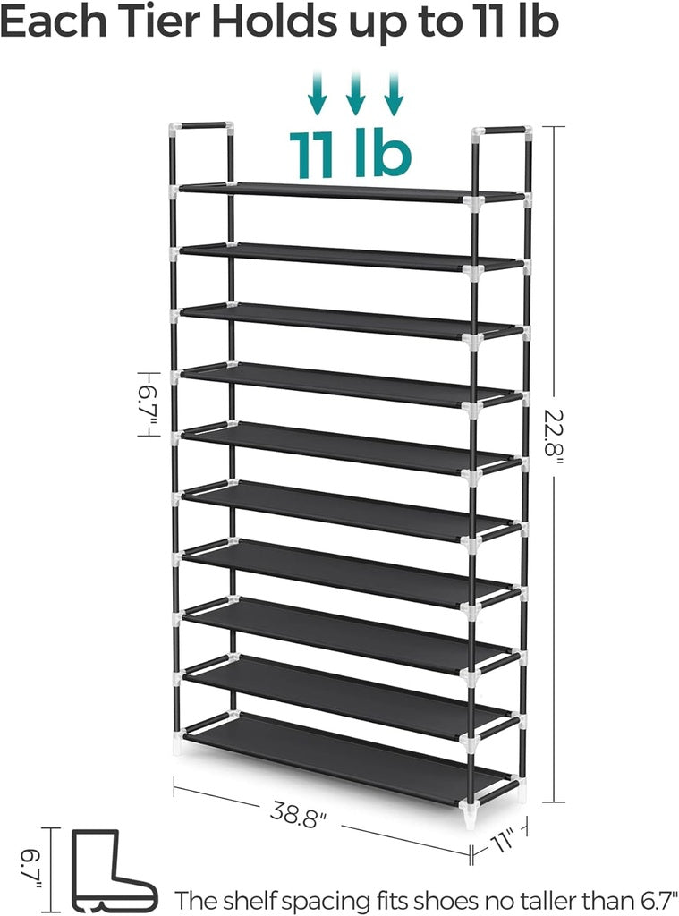SONGMICS 10 Tier Metal Shoe Rack Non-Woven Fabric Shelves Holds up to 50 Pairs Black SONGMICS