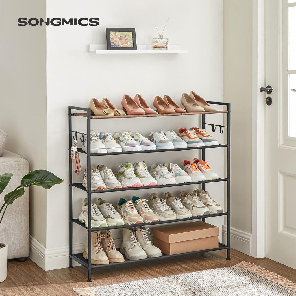 SONGMICS 5 Tier Shoe Rack Storage Organizer for 20-25 Pairs with 4 Hooks Rustic Brown SONGMICS