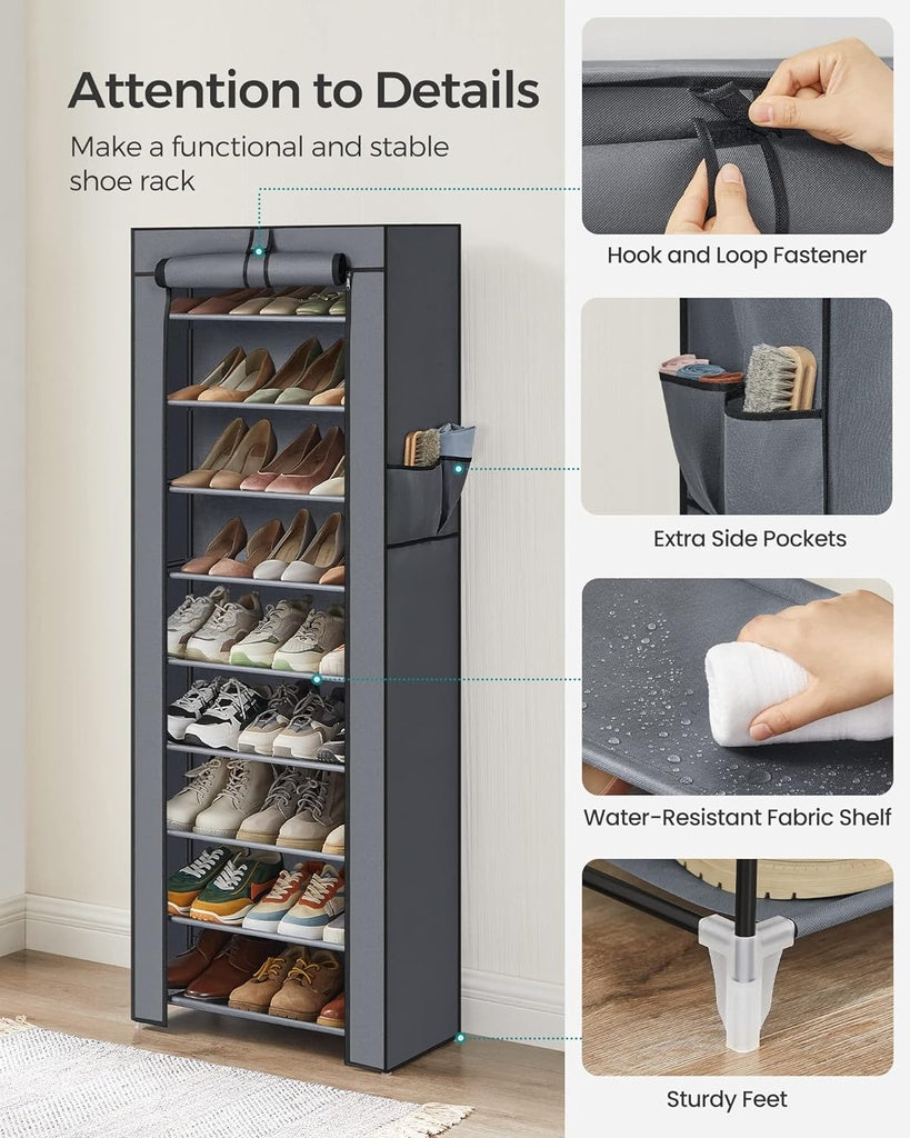 SONGMICS 9 Tier Shoe Rack for 27-35 Pairs of Shoes with Nonwoven Fabric Cover Grey SONGMICS