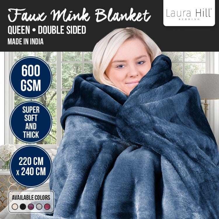 Laura Hill Blanket LAURA HILL 600GSM LARGE DOUBLE-SIDED FAUX MINK BLANKET- NAVY