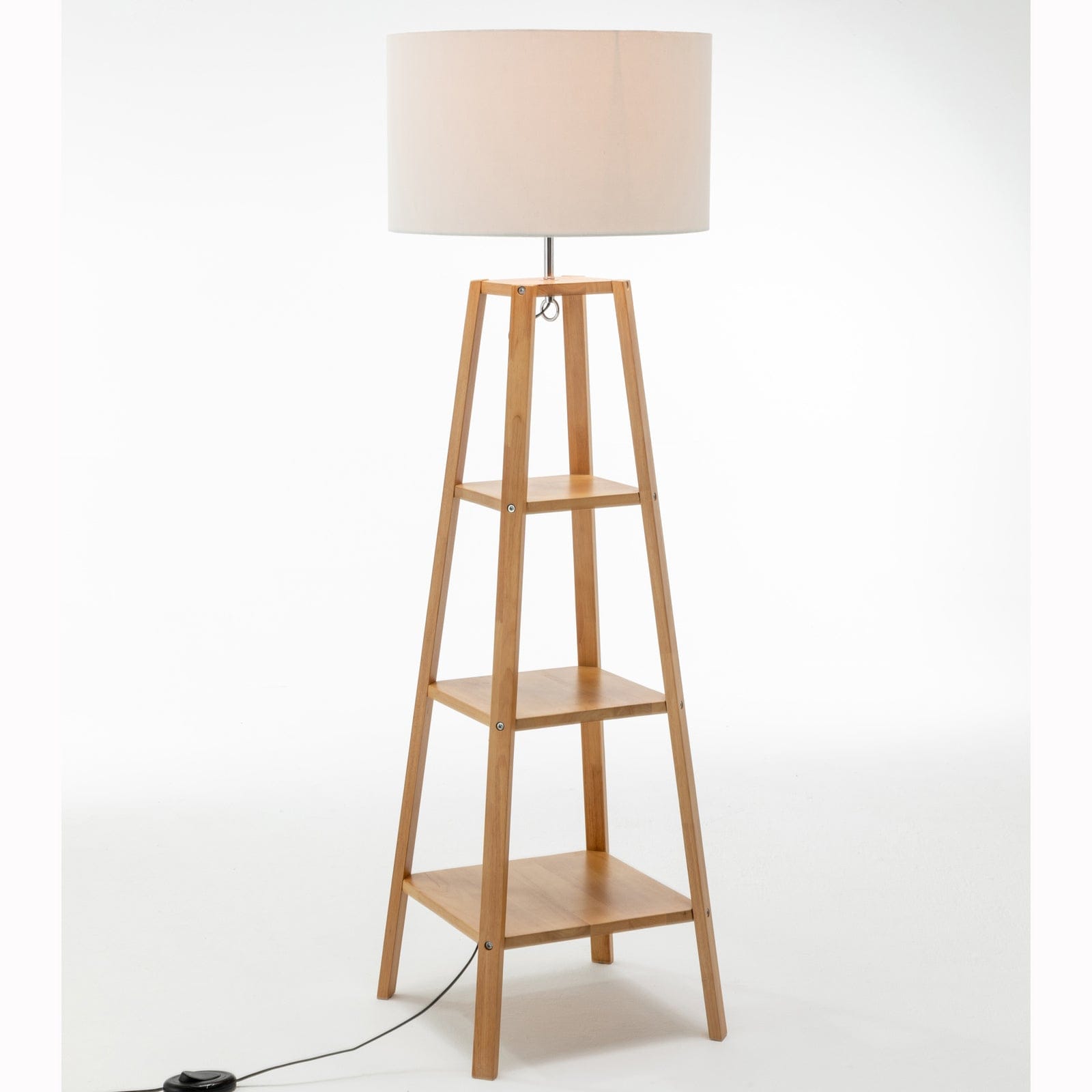 Lexi Lighting Home & Garden Eiffel 3 Tier Natural Wood Floor Lamp w/ Storage Shelves + Off White Linen Shade