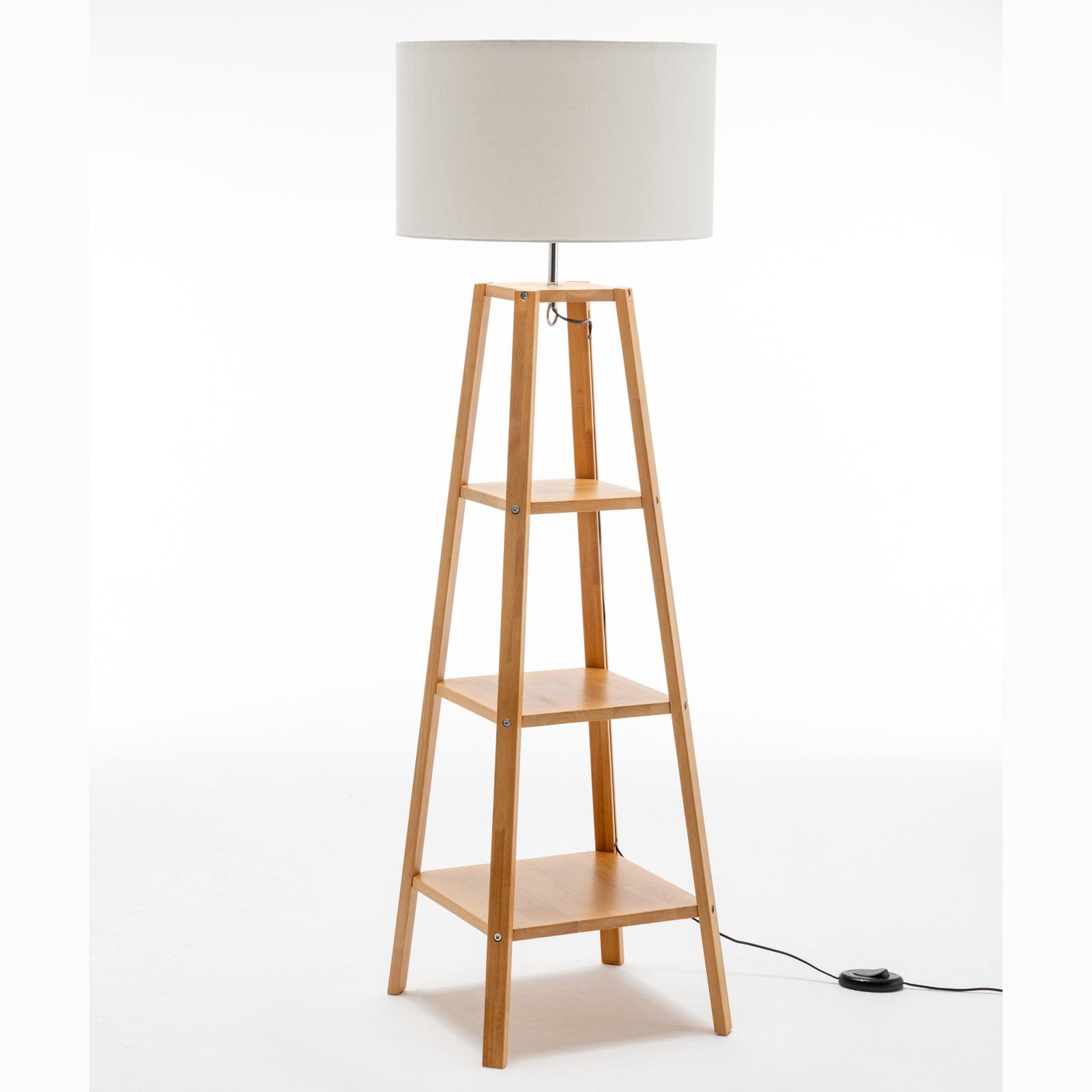Lexi Lighting Home & Garden Eiffel 3 Tier Natural Wood Floor Lamp w/ Storage Shelves + Off White Linen Shade