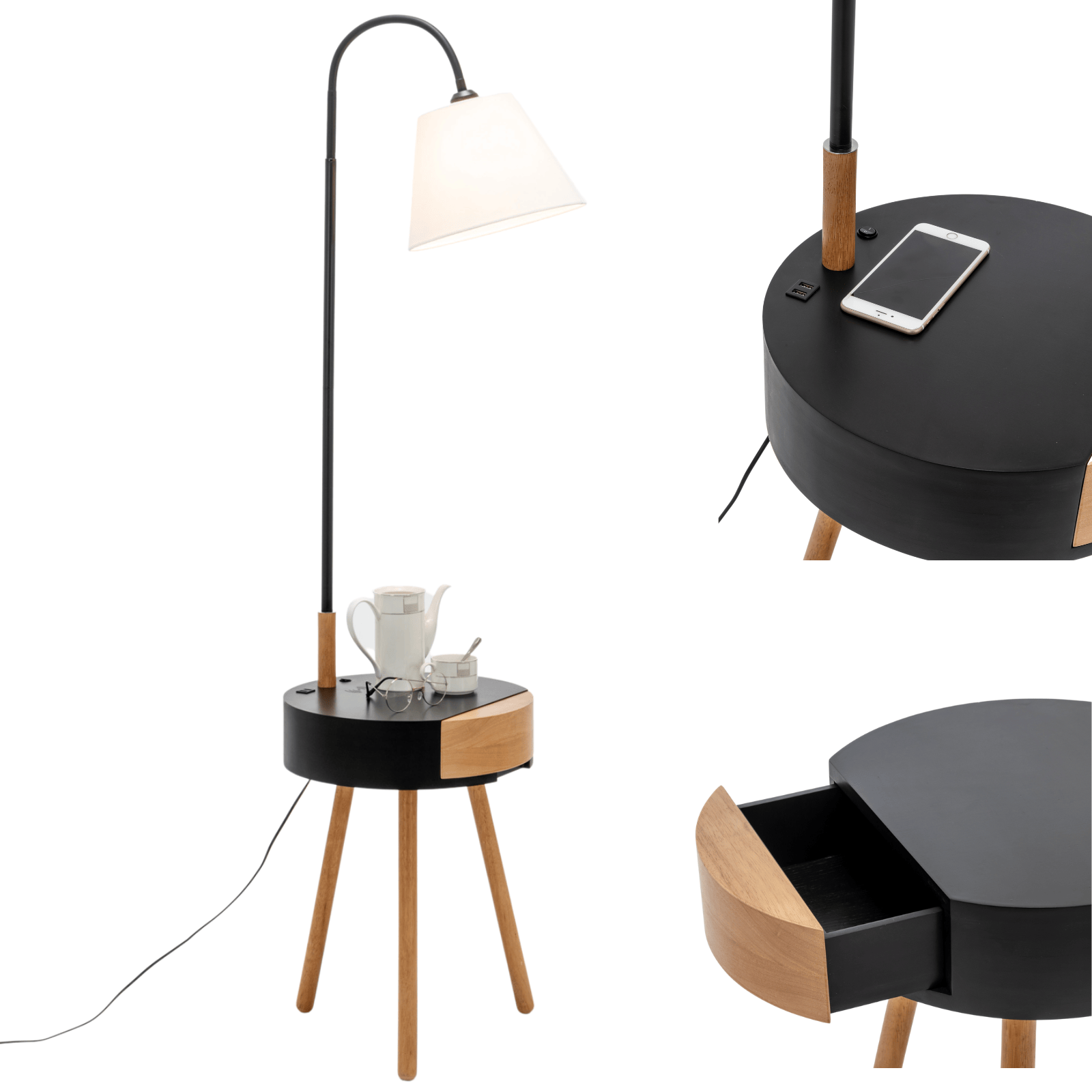 Lexi Lighting Home & Garden Florence Tripod Lamp Shelf Storage Drawer Bed Side Table Light w/ USB Charger