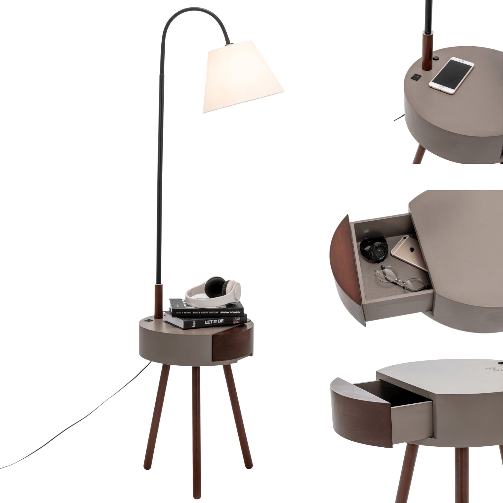 Lexi Lighting Home & Garden Florence Tripod Lamp Shelf Storage Drawer Bed Side Table Light w/ USB Charger