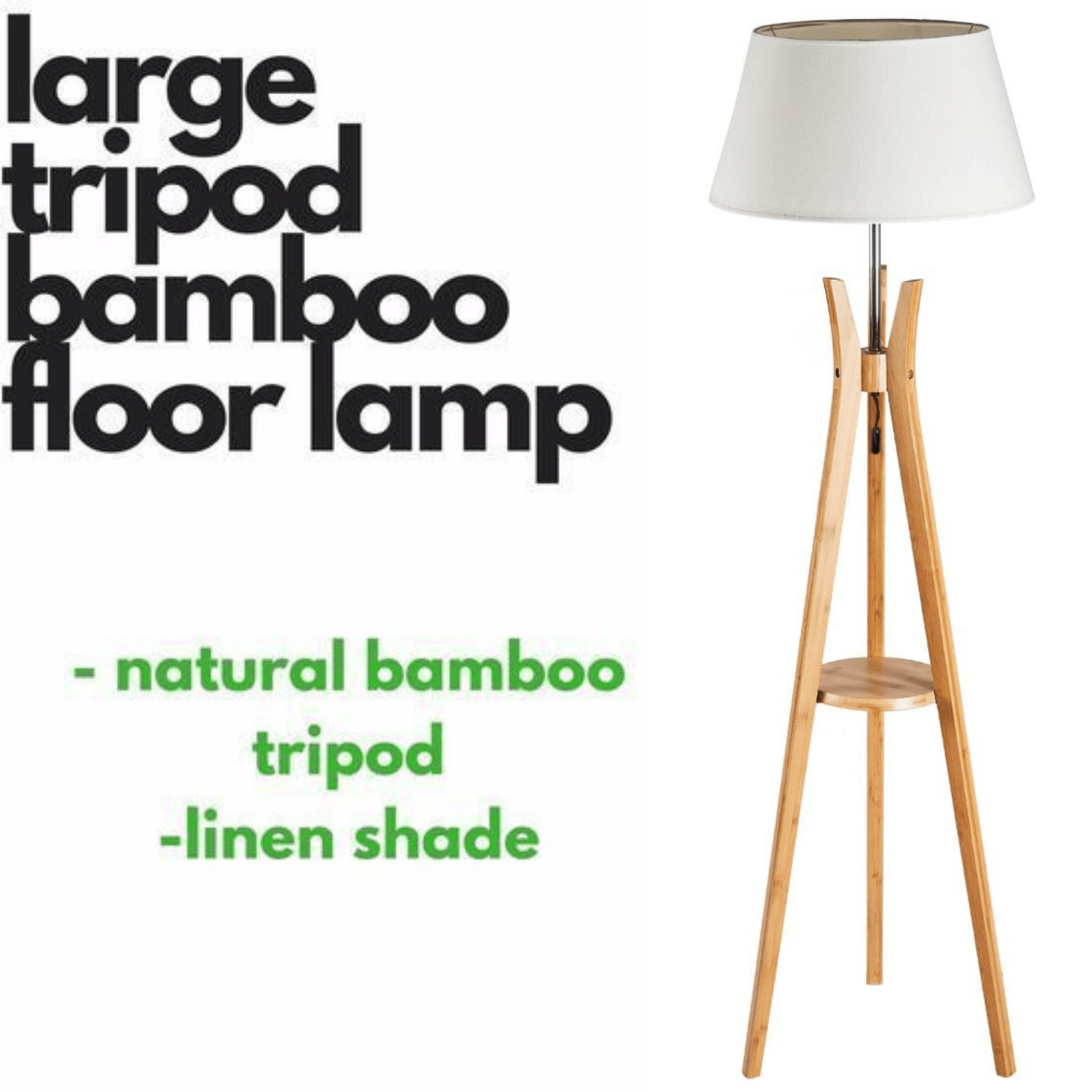 Lexi Lighting Home & Garden LARGE BAMBOO TRIPOD FLOOR LAMP Linen Shade Modern Light Vintage Wooden Scandi