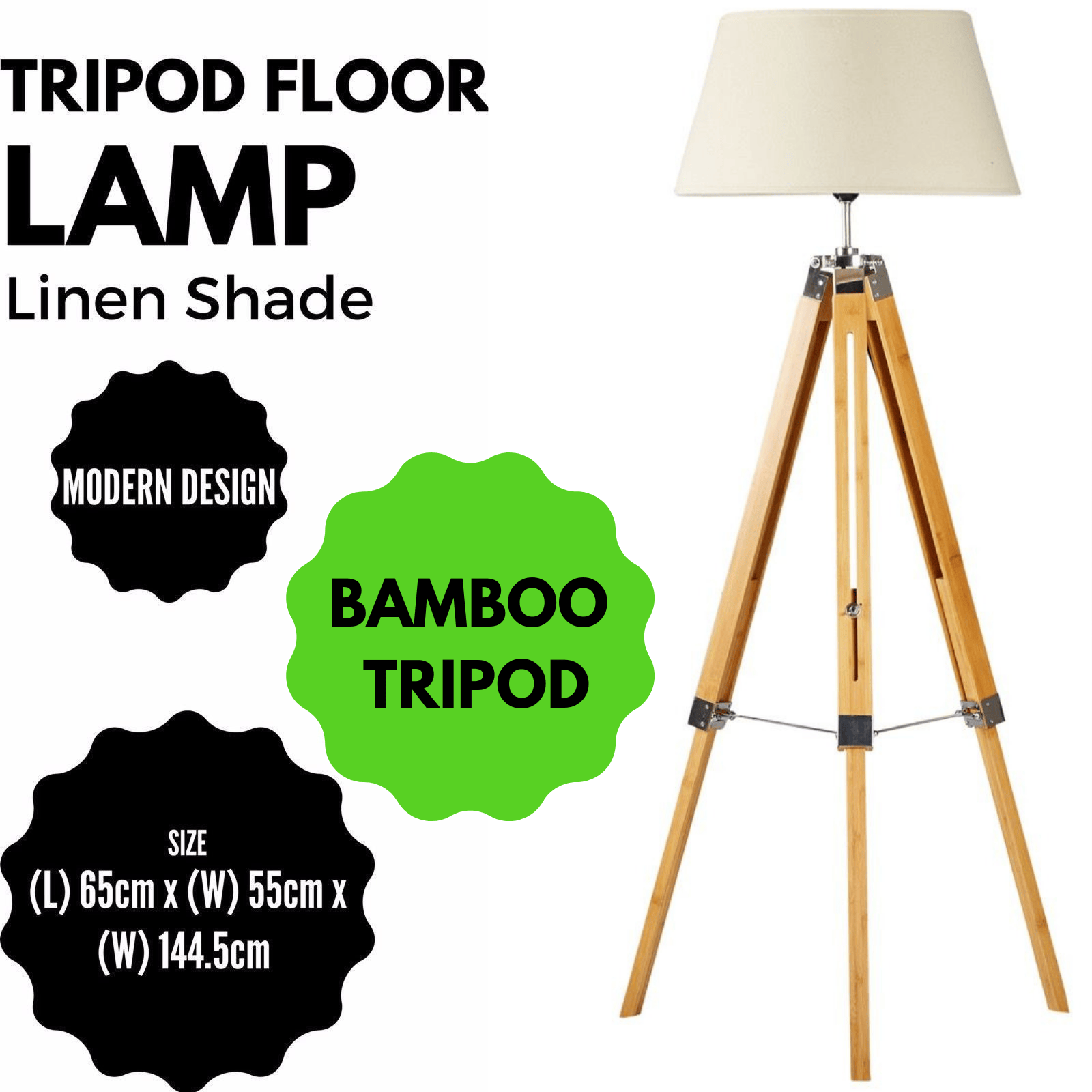 Lexi Lighting Home & Garden LARGE TRIPOD FLOOR LAMP Linen Shade Modern Light Bamboo Vintage Wooden Retro