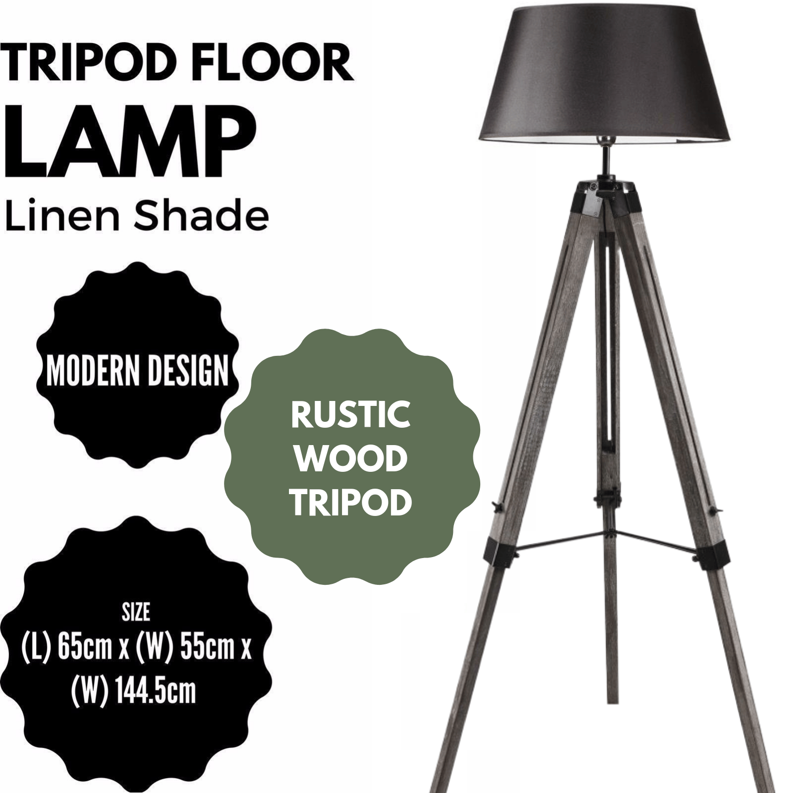 Lexi Lighting Home & Garden LARGE TRIPOD FLOOR LAMP Linen Shade Modern Light Retro Vintage Wooden
