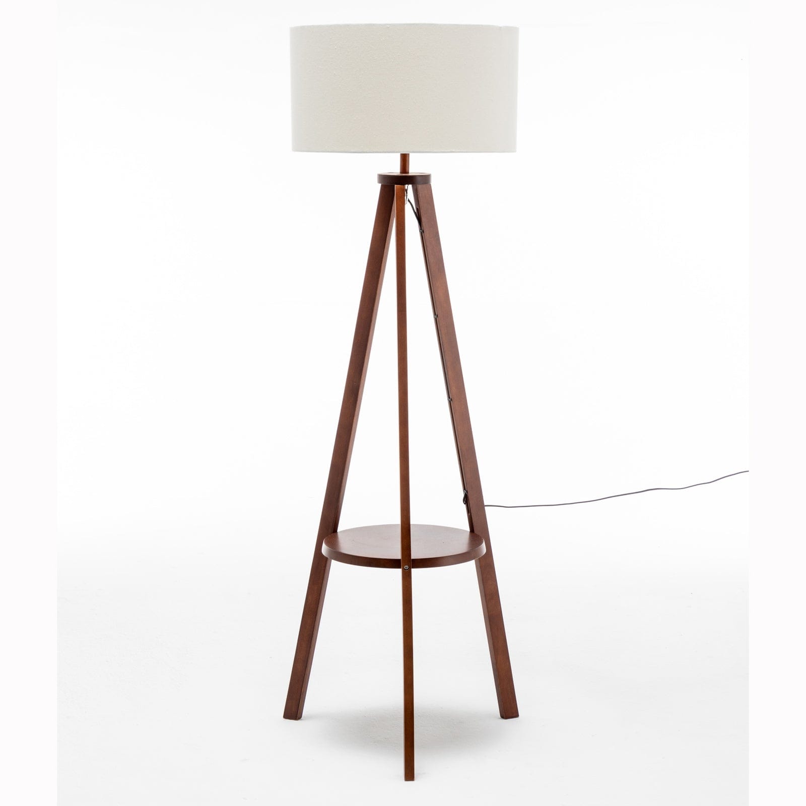 Lexi Lighting Home & Garden Natural Wooden Tripod Floor Lamp w/ Round Shelf + Off White Linen Shade - Cherry