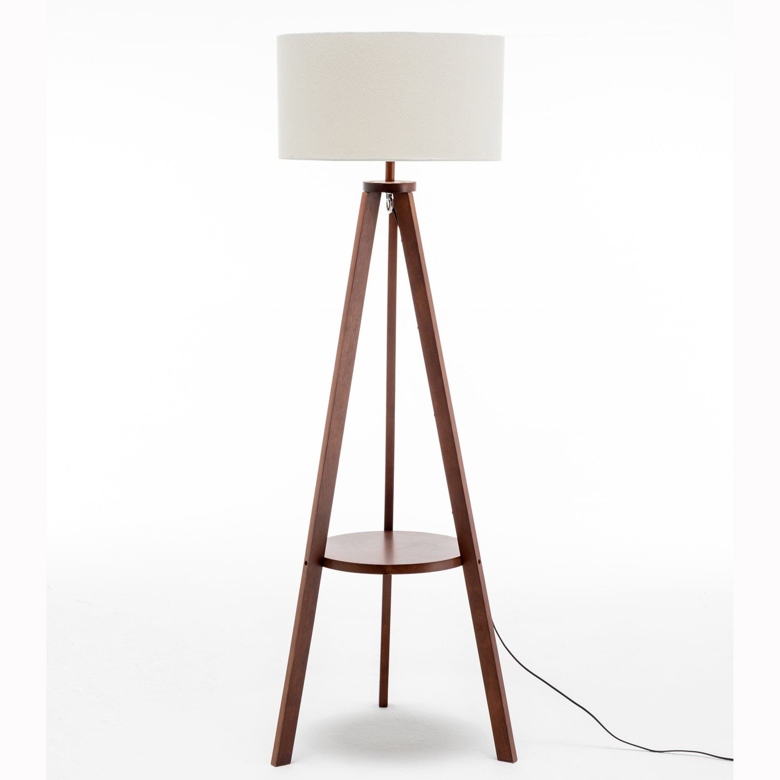 Lexi Lighting Home & Garden Natural Wooden Tripod Floor Lamp w/ Round Shelf + Off White Linen Shade - Cherry