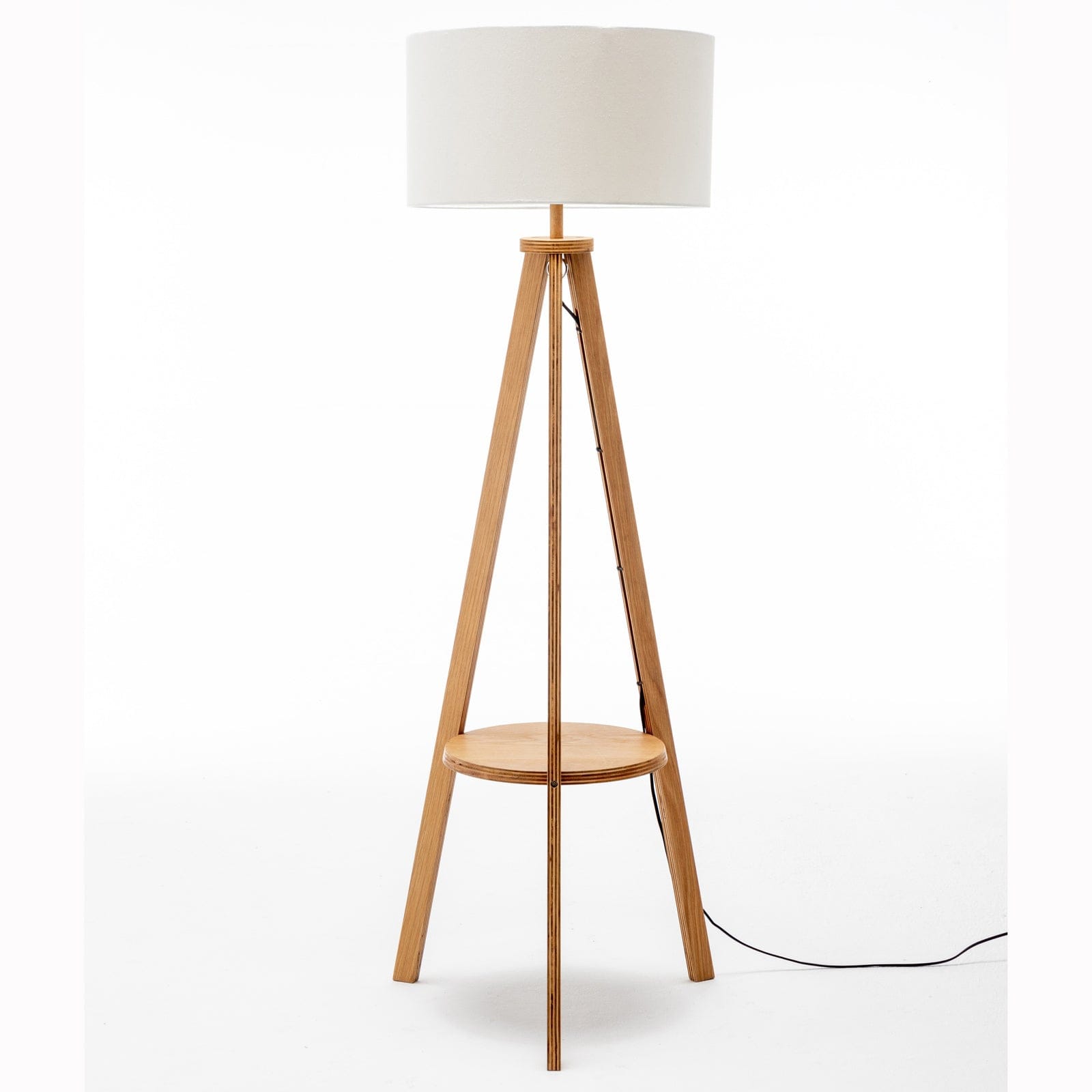 Lexi Lighting Home & Garden Natural Wooden Tripod Floor Lamp w/ Round Wood Shelf + Off White Linen Shade