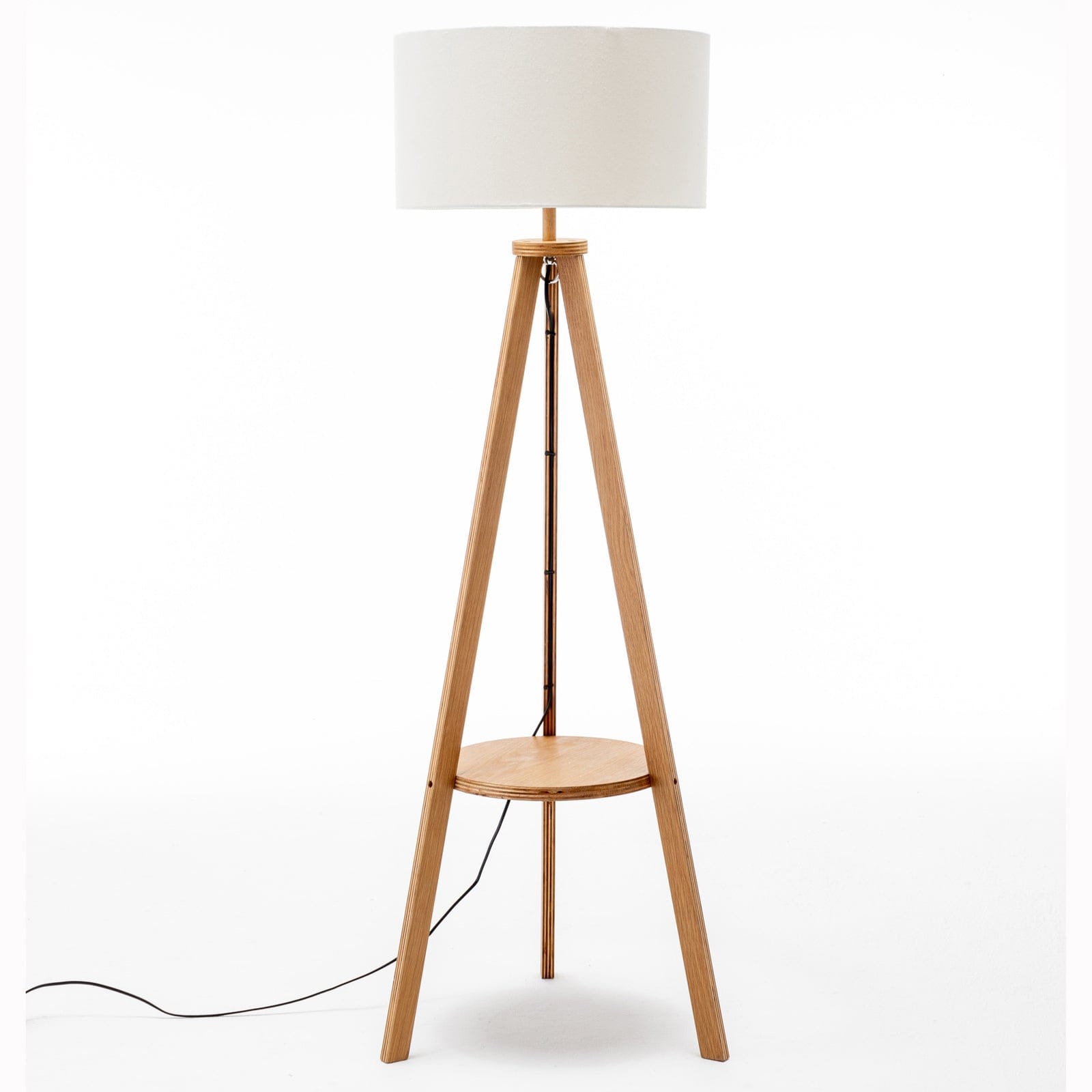 Lexi Lighting Home & Garden Natural Wooden Tripod Floor Lamp w/ Round Wood Shelf + Off White Linen Shade