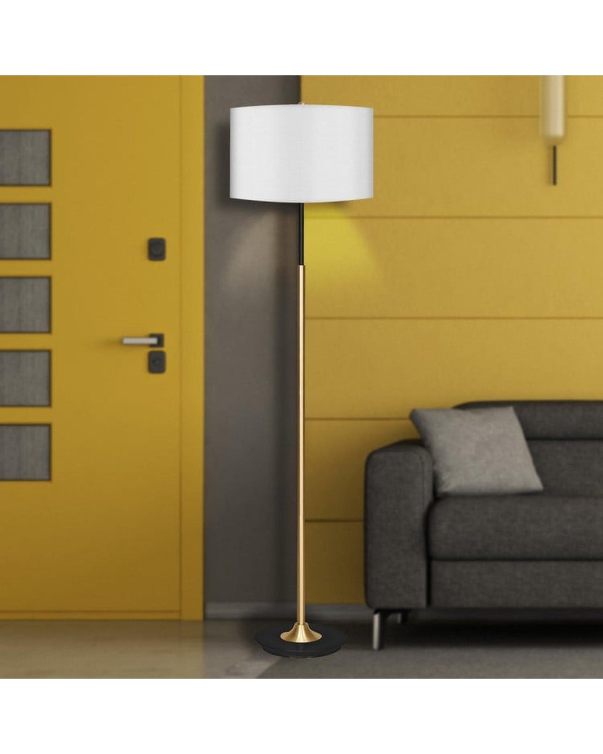 Sarantino Metal Floor Lamp in Brushed Brass Finish White Linen Shade