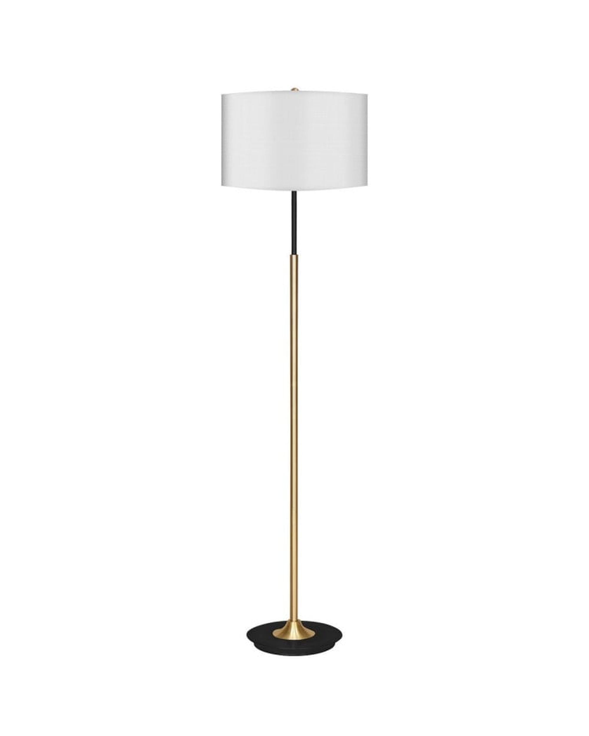 Sarantino Metal Floor Lamp in Brushed Brass Finish White Linen Shade