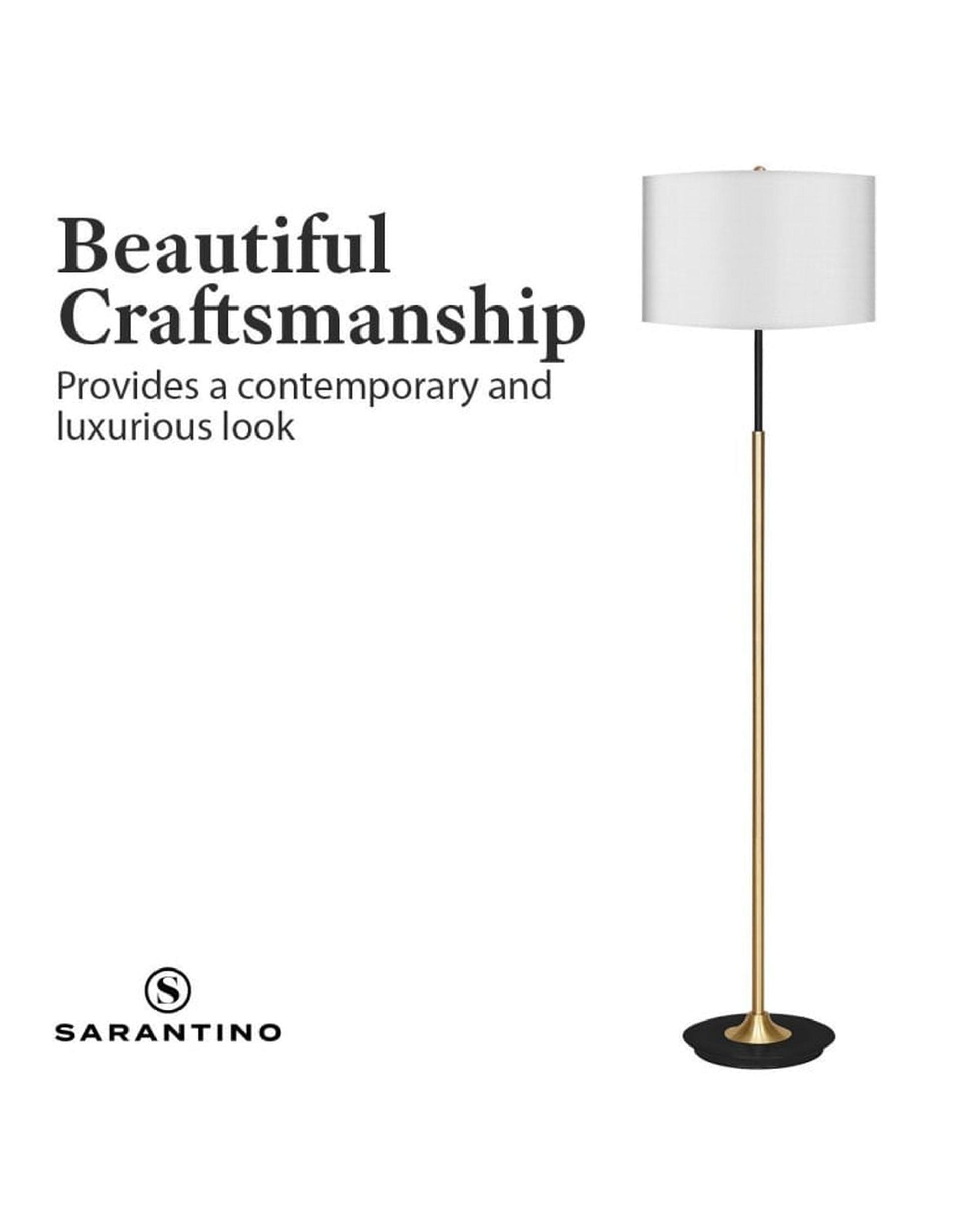 Sarantino Metal Floor Lamp in Brushed Brass Finish White Linen Shade