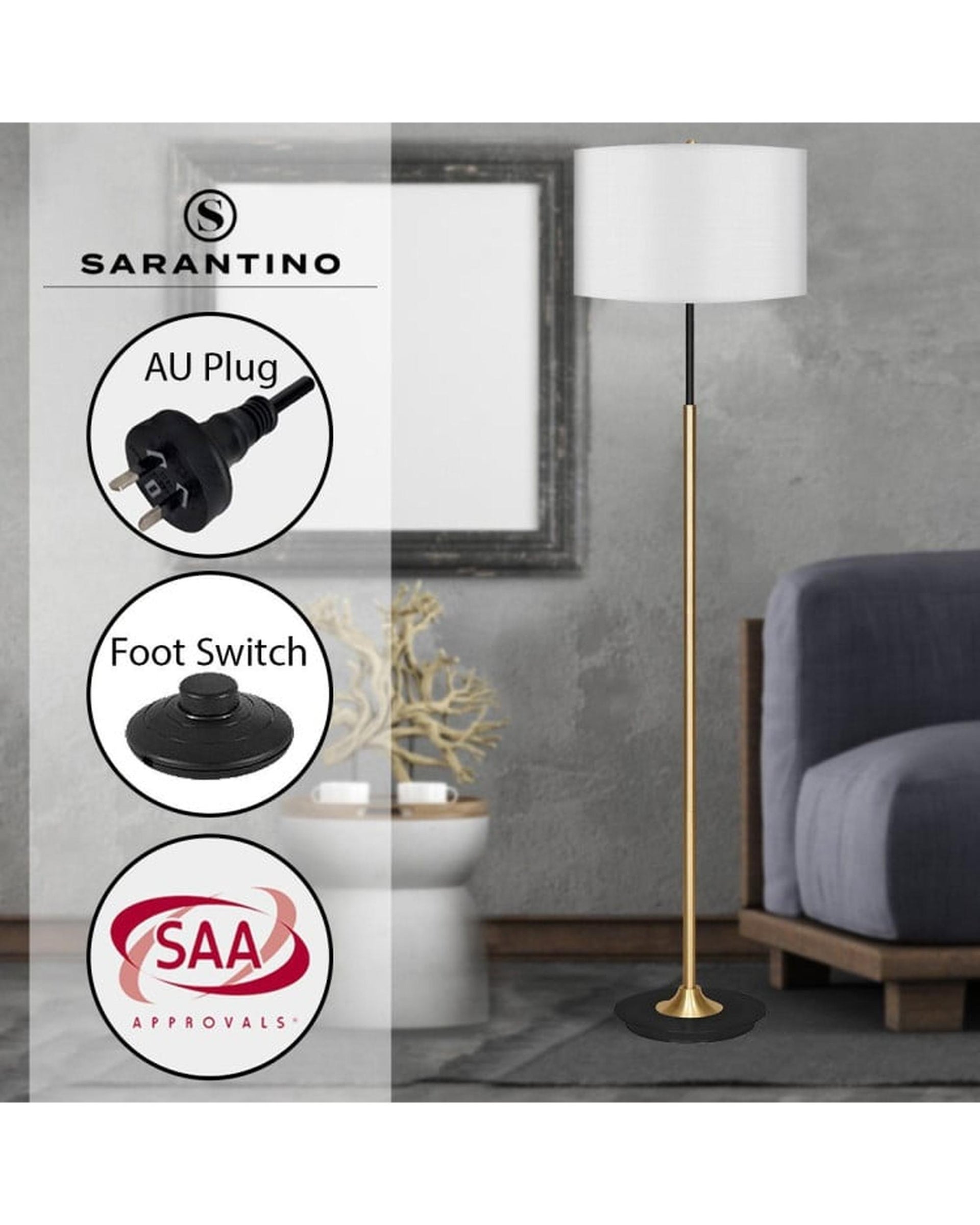 Sarantino Metal Floor Lamp in Brushed Brass Finish White Linen Shade