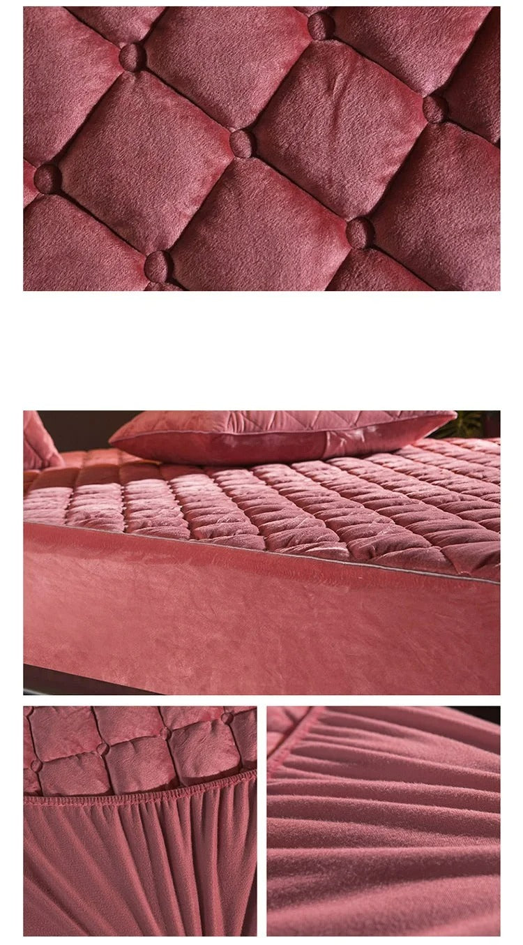 Anyhouz Mattress Cover Bean Red Queen Size Crystal Velvet Thicken Quilted Warm Soft Plush Bed Sheet