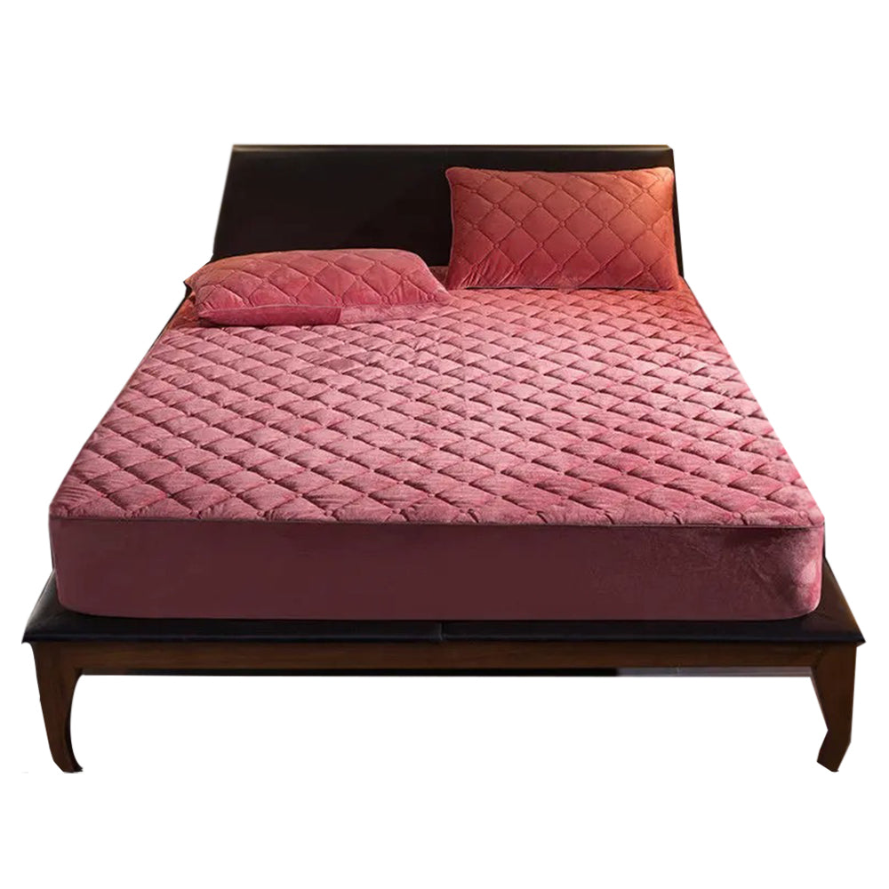 Anyhouz Mattress Cover Bean Red Queen Size Crystal Velvet Thicken Quilted Warm Soft Plush Bed Sheet