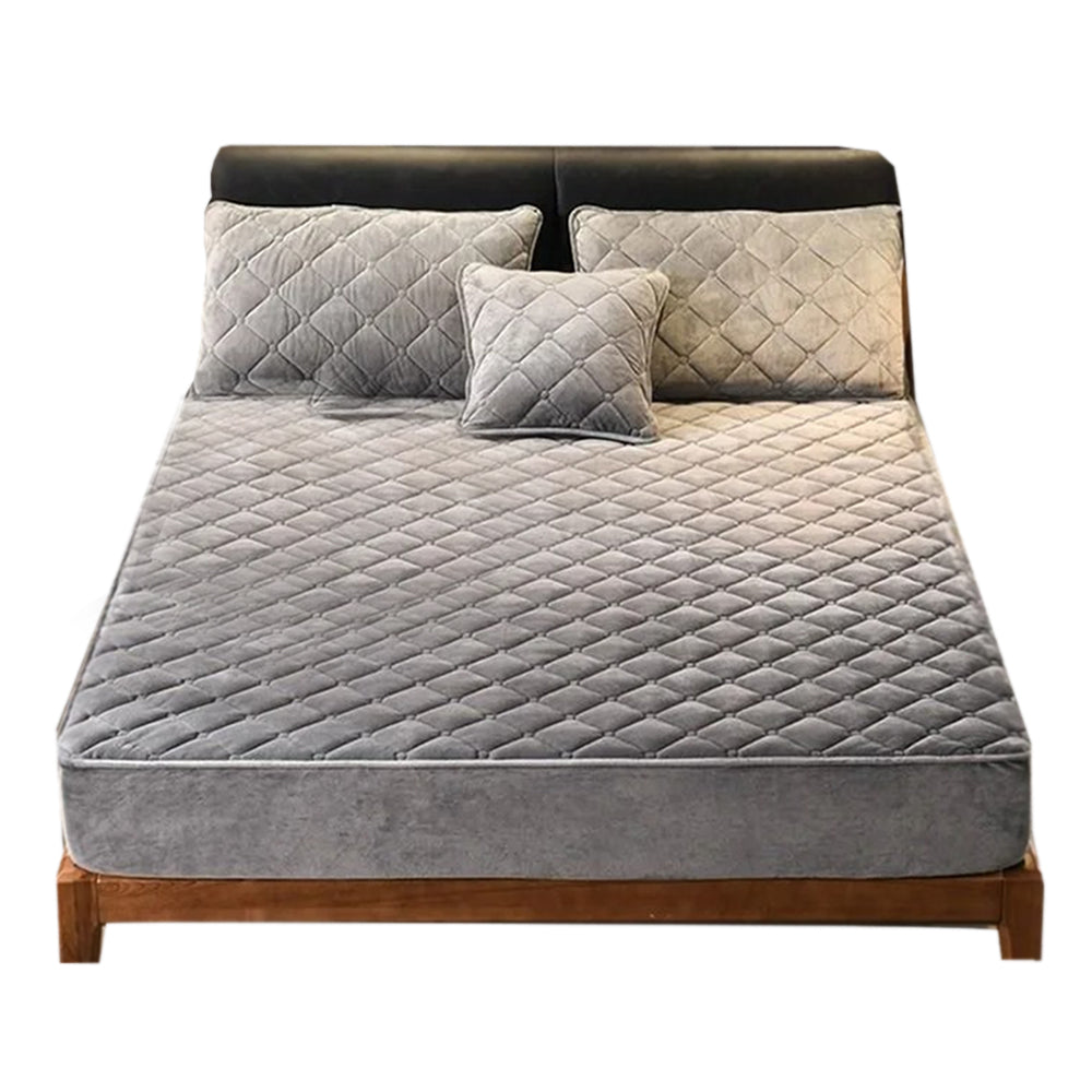 Anyhouz Mattress Cover Gray King Size Crystal Velvet Thicken Quilted Warm Soft Plush Bed Sheet