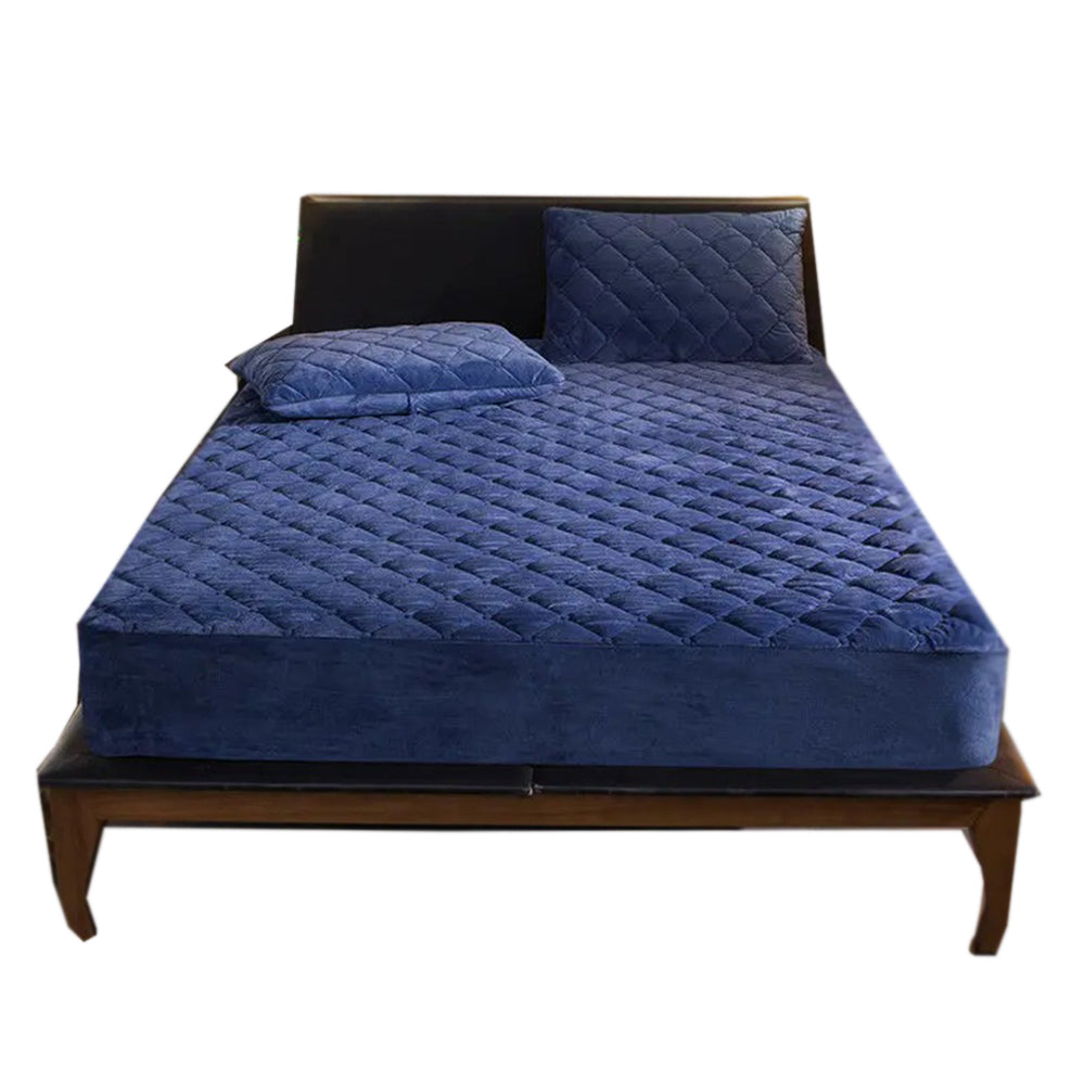 Anyhouz Mattress Cover Navy Blue Double Size Crystal Velvet Thicken Quilted Warm Soft Plush Bed Sheet