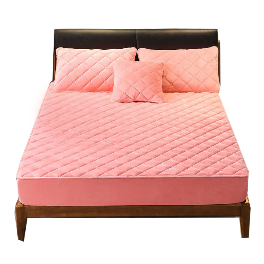 Anyhouz Mattress Cover Pink Queen Size Crystal Velvet Thicken Quilted Warm Soft Plush Bed Sheet