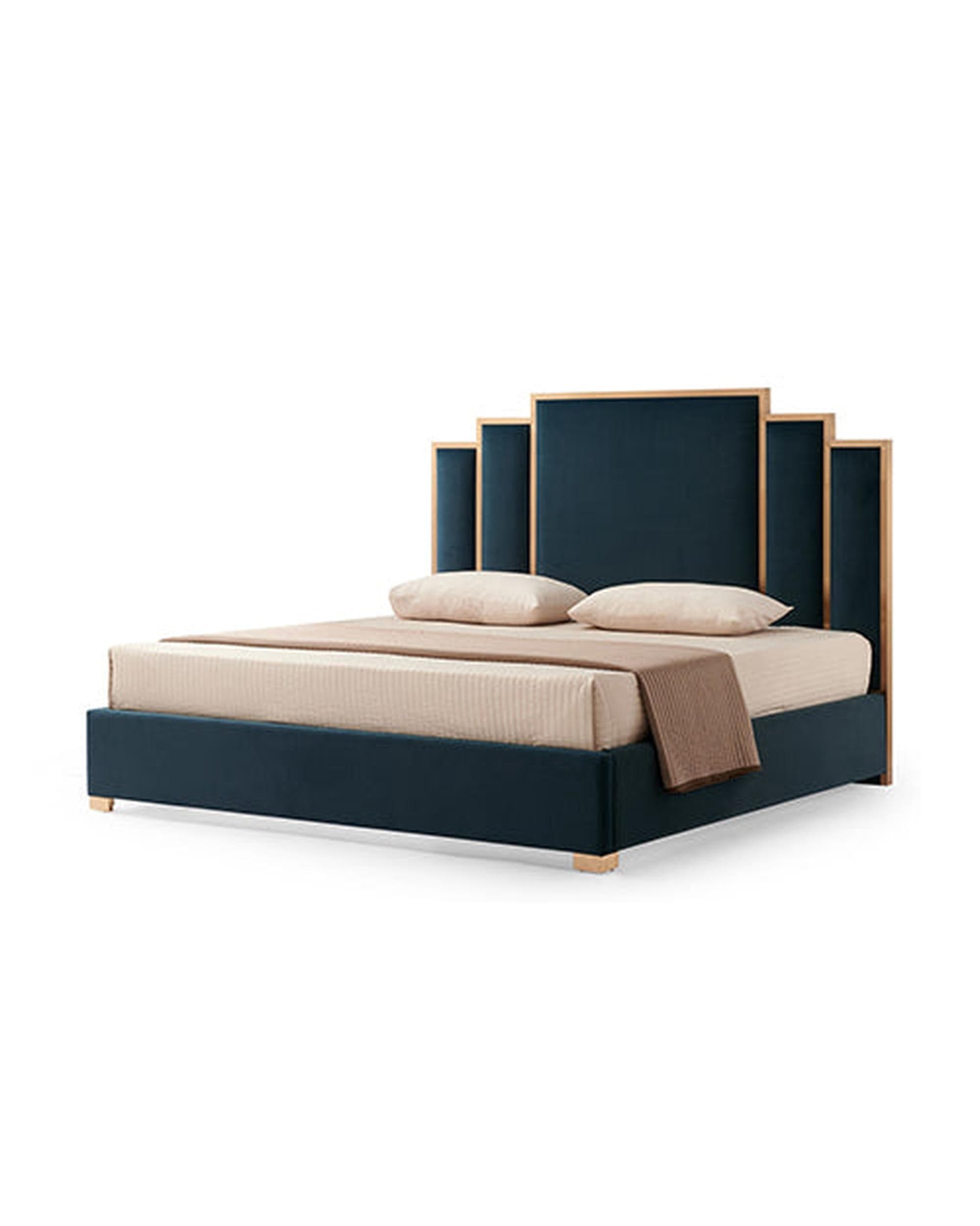 Melbournians Furniture Bedframe Austin Bed Frame Polyester Turquoise Fabric Padded Upholstery High Quality Slats Polished Stainless Steel Feet