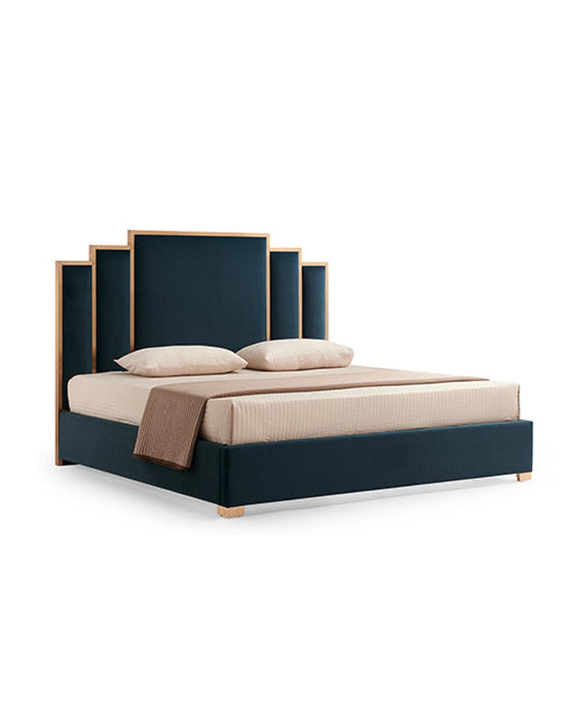 Melbournians Furniture Bedframe Austin Bed Frame Polyester Turquoise Fabric Padded Upholstery High Quality Slats Polished Stainless Steel Feet
