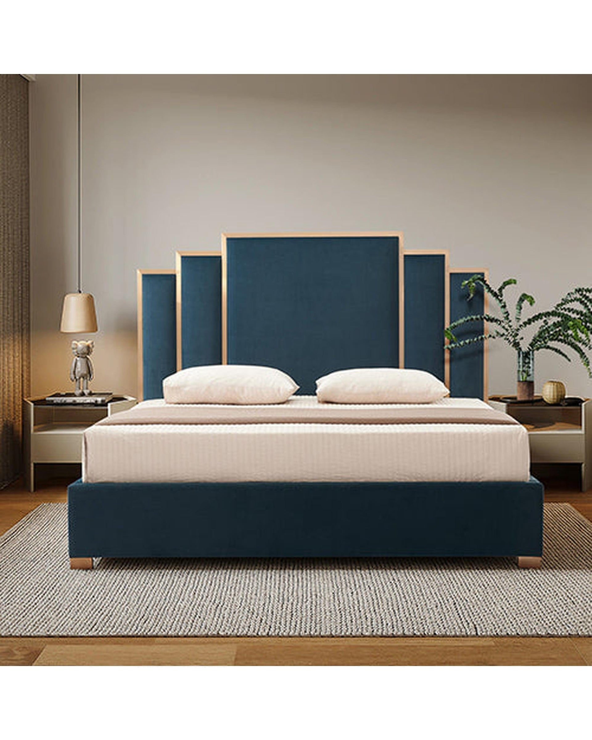 Melbournians Furniture Bedframe Austin Bed Frame Polyester Turquoise Fabric Padded Upholstery High Quality Slats Polished Stainless Steel Feet