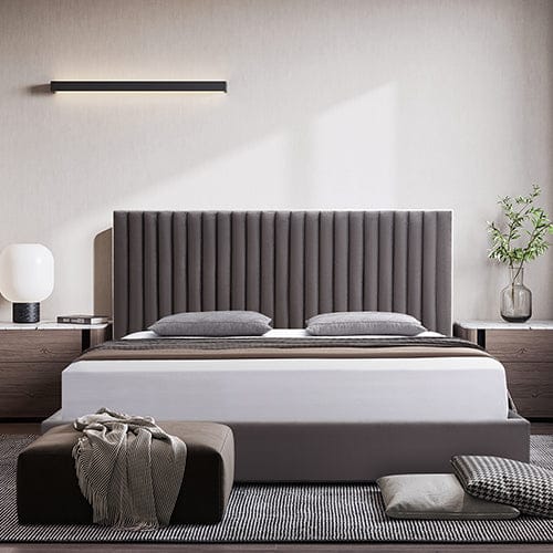 Melbournians Furniture Bedframe Hillsdale Bed Frame Polyester Fabric Padded Upholstery High Quality Slats Polished Stainless Steel Feet