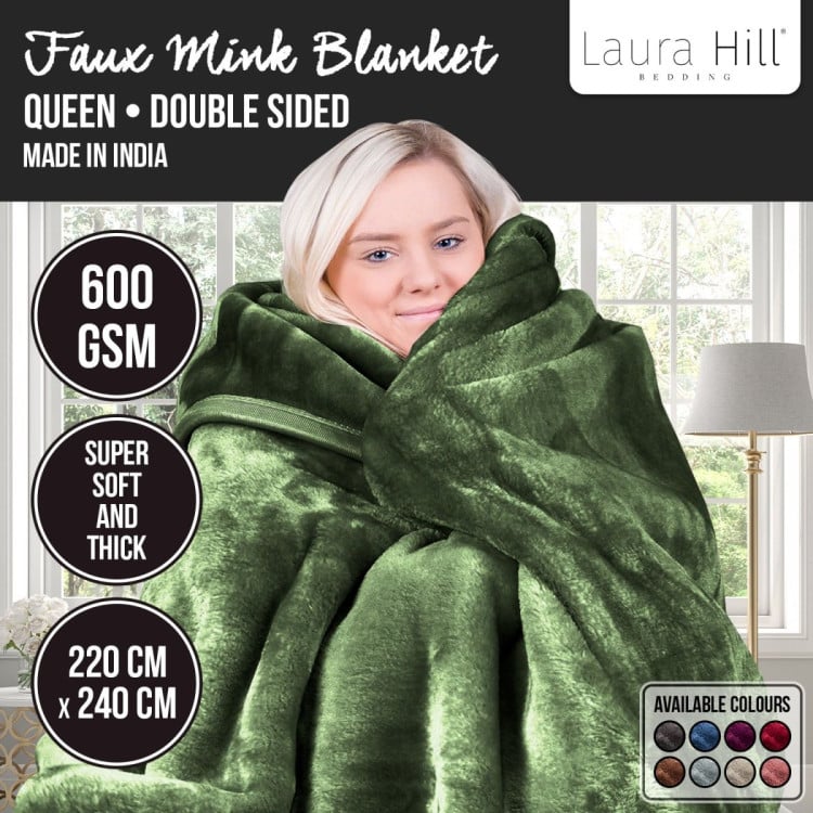 Laura Hill 600GSM Double-Sided Queen Size Faux Mink Blanket - Green Laura Hill