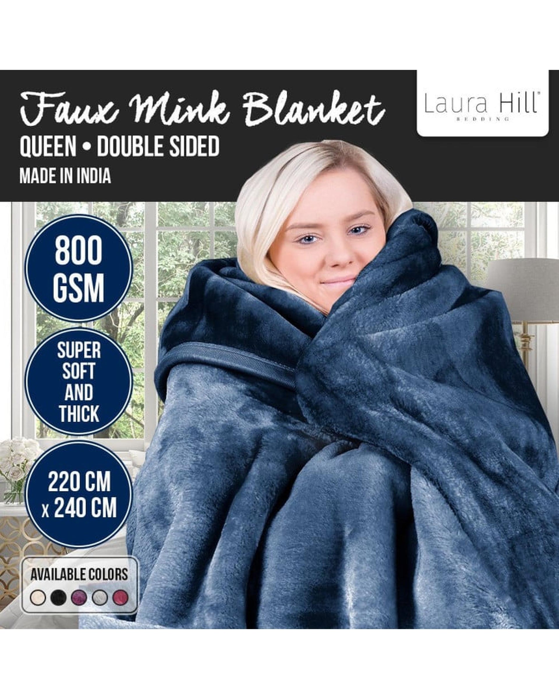LAURA HILL FAUX MINK BLANKET 800GSM HEAVY DOUBLE-SIDED - NAVY BLUE Laura Hill