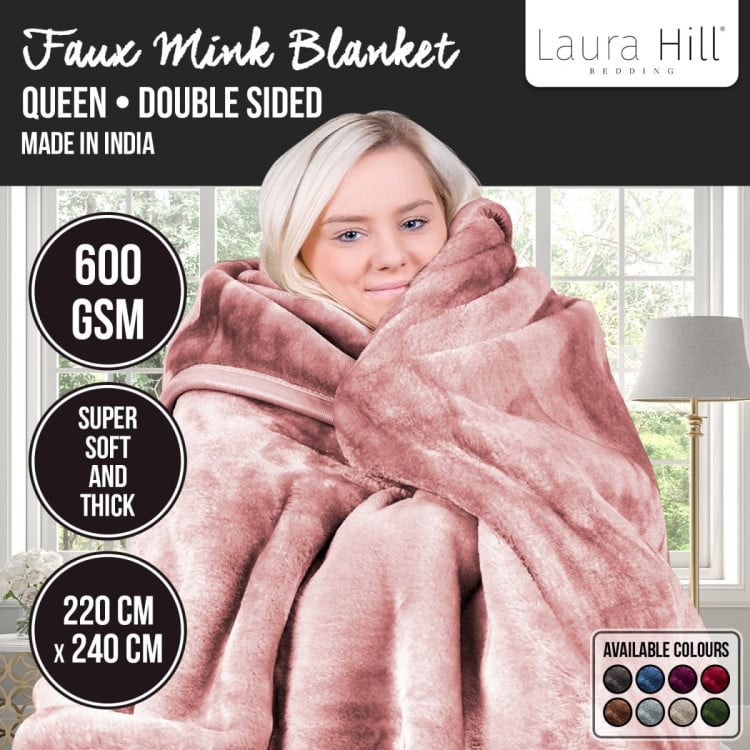Laura Hill 600GSM Double-Sided Queen Size Faux Mink Blanket - Pink Laura Hill