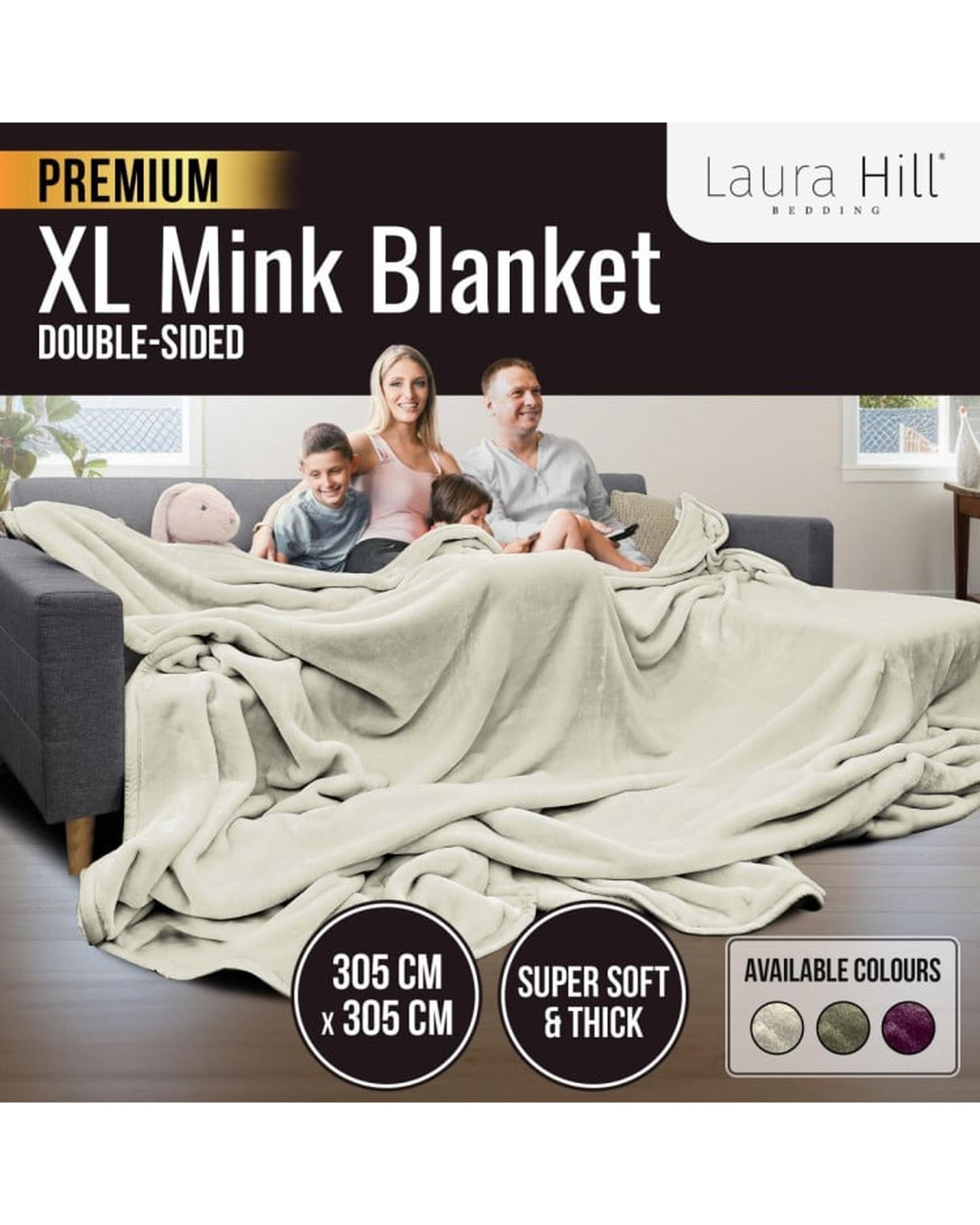 Laura Hill XL Double-Sided Oversized Faux Mink Blanket 305x305cm Beige Laura Hill