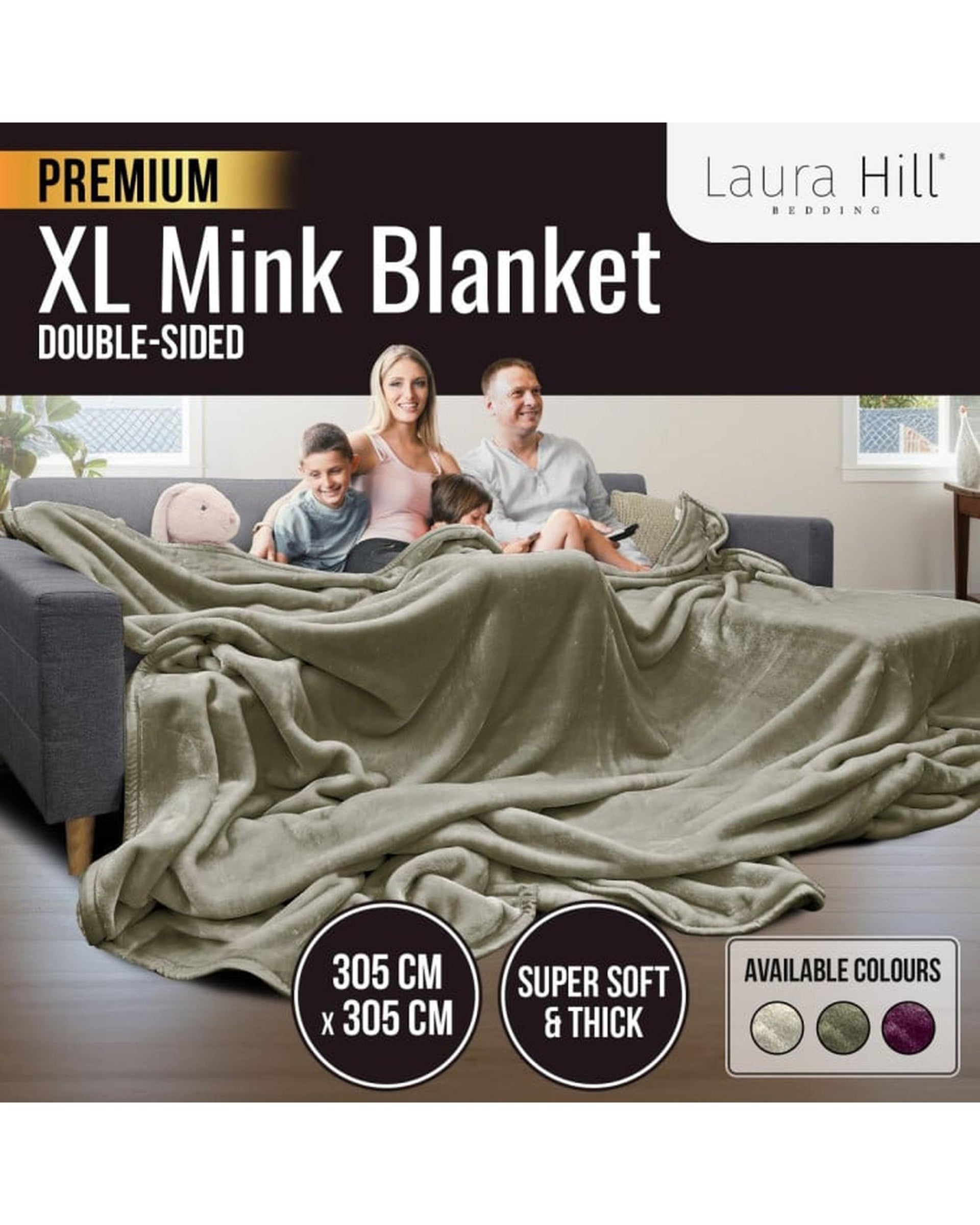 Laura Hill XL Double-Sided Oversized Faux Mink Blanket 305x305cm Olive Laura Hill